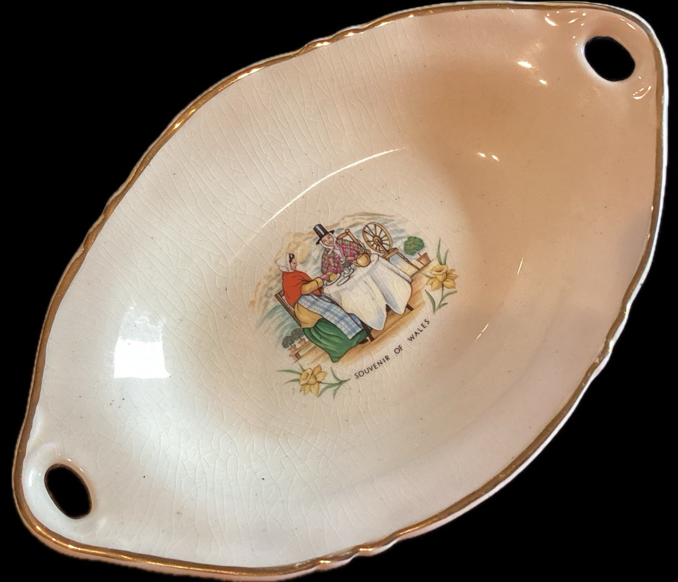 Vintage Arthur Wood Porcelain Handled Dish Souvenir of Wales 1950's Oval 9 in