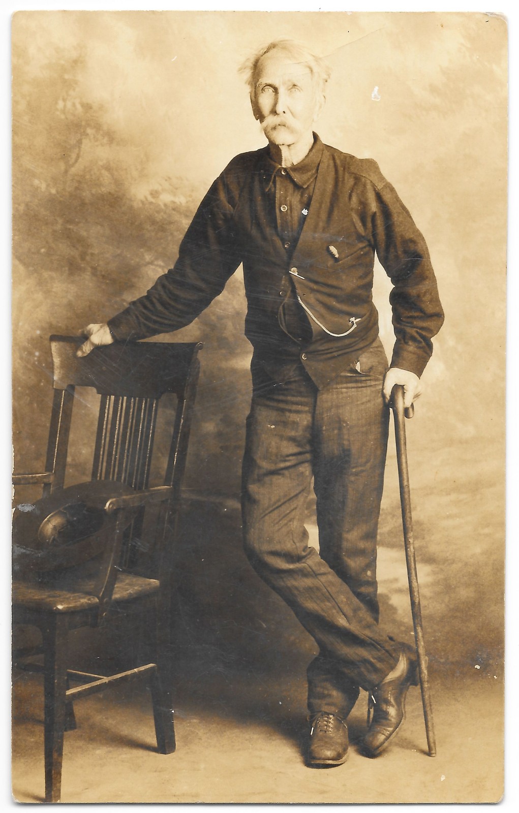 RPPC Elderly Man with Cane Studio Portrait c1910s AZO