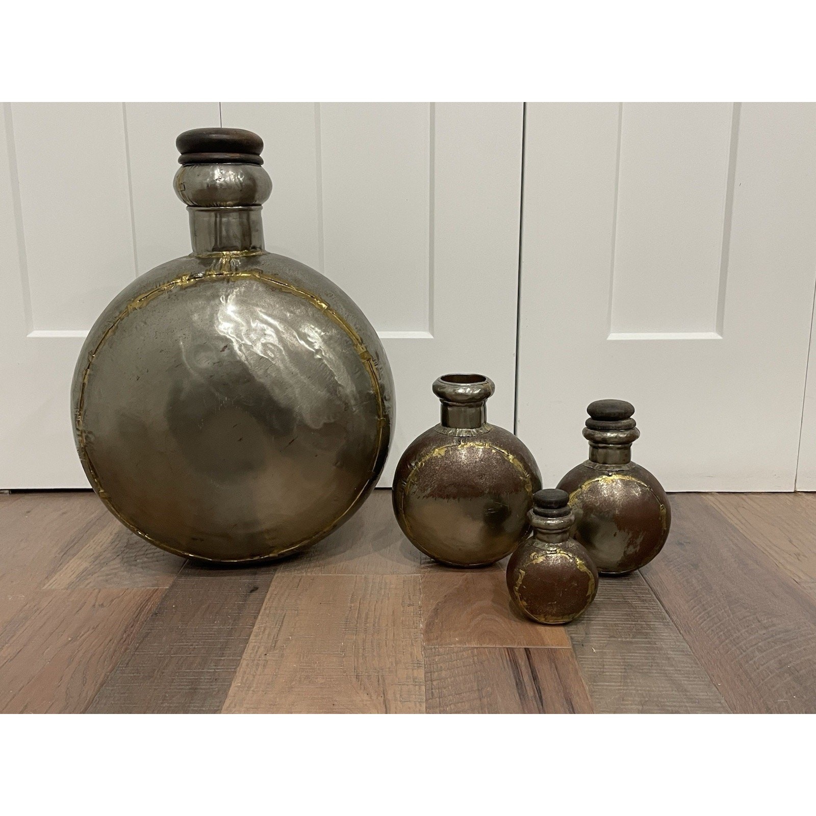 4 Vintage Metal Indian Water Bottles Dovetailed Jug Vessel With Lid Rare 4 Vintage Metal Indian Water Bottles Dovetailed Jug Vessel With Lid Rare
