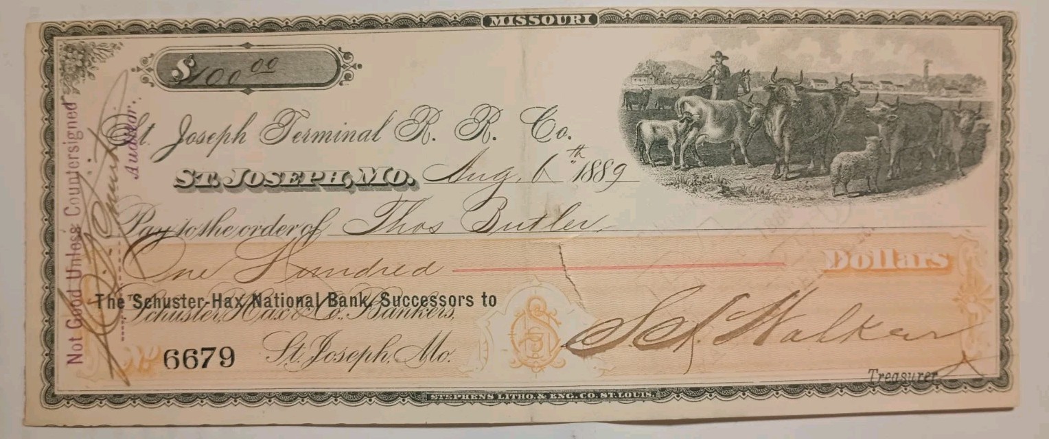 Vintage,Rare 1887 Antique Check Draft From The St. Joseph Mo. Terminal R.R. Co. 