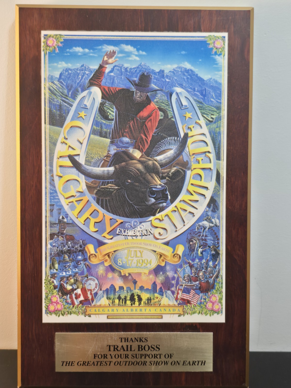 Vintage 1994 Calgary Stampede Corporate Sponsor Plaque Cherrywood Finish Brass