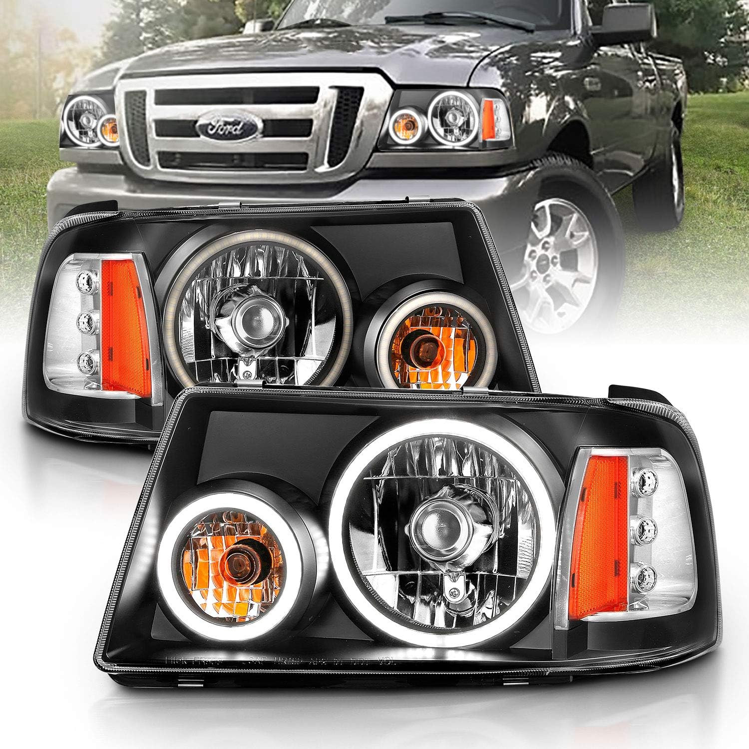 1Pc Black Replacement Headlights Corner Dual LED Halo Set for 01-11 Ford Ranger