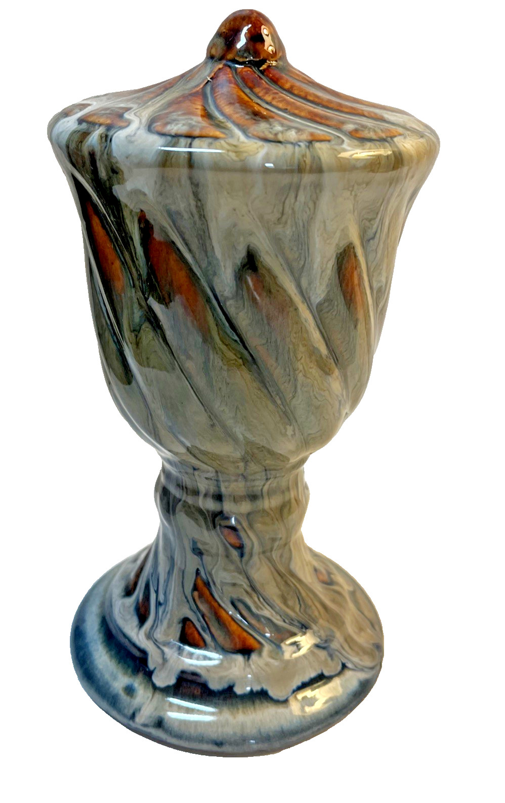 Swirl Art Pottery Ceramic Accent Piece Brown Beige Blue Drip Glaze 8x3.5 Inches