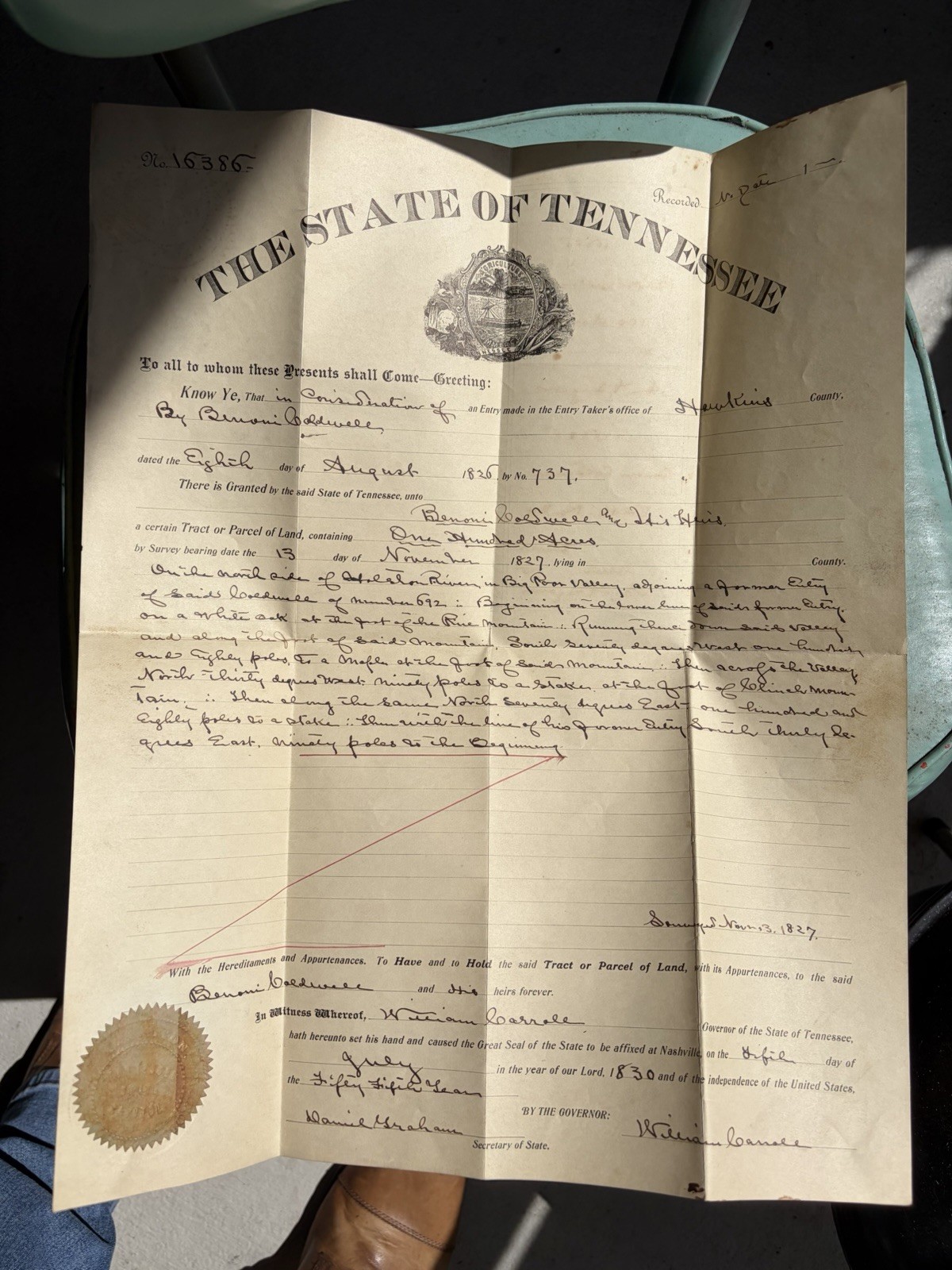 Antique 1915 Certified Copy Of 1830 Tennessee Land Grant With Seal