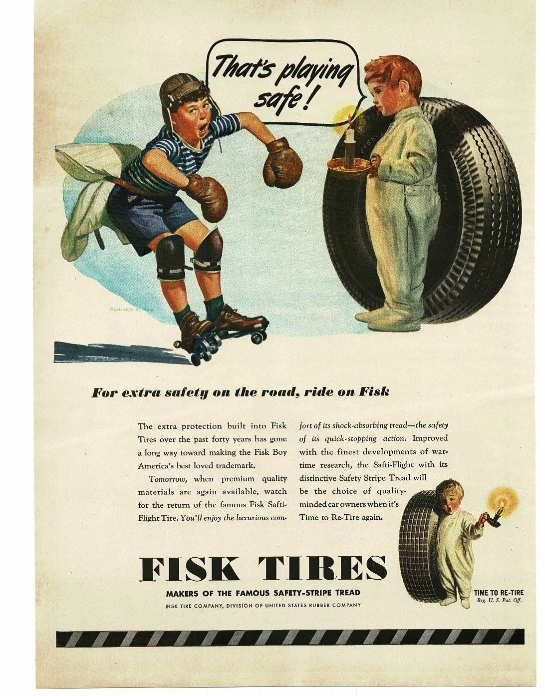 1945 Fisk Tires Boy Mascot Kid on Roller Skates Howard Scott art Print Ad