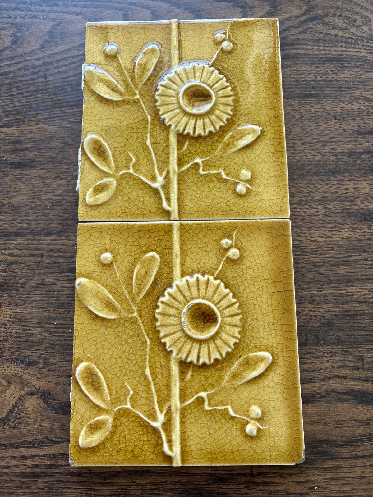 PAIR J.G. & J. F. LOW MAJOLICA ART POTTERY CERAMIC FLOWER TILES 1881 PAIR J.G. & J. F. LOW MAJOLICA ART POTTERY CERAMIC FLOWER TILES 1881