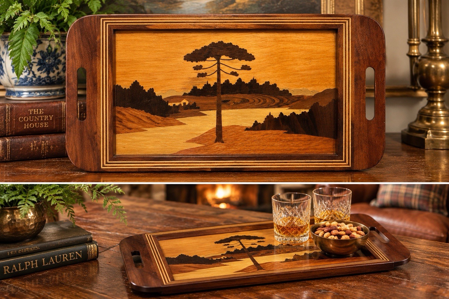 Vintage BONATTO Wood Marquetry Araucaria Tree Serving Tray 16” X 9” Brazil~EEUC