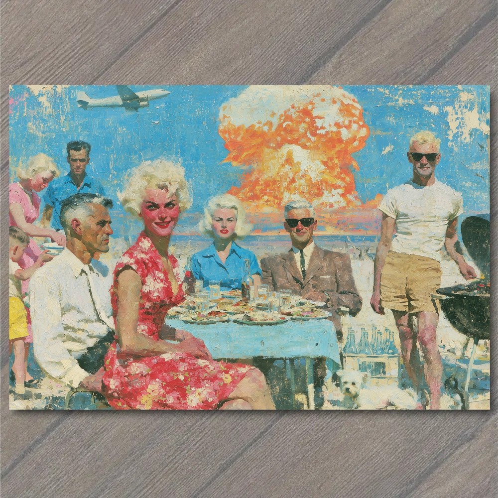 POSTCARD Group People Summer Gathering Beach Party Dog Explosion Atomic Bomb POSTCARD Group People Summer Gathering Beach Party Dog Explosion Atomic Bomb