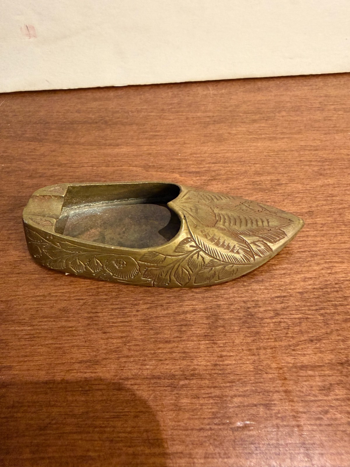 Brass-Tone Shoe-Shaped Collectible Ashtray, Engraved Floral Design Brass-Tone Shoe-Shaped Collectible Ashtray, Engraved Floral Design