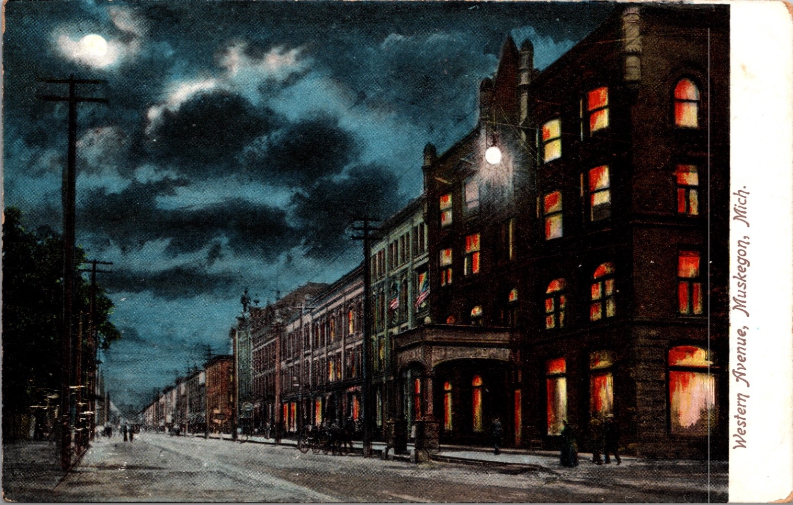 Western Avenue Muskegon Michigan Moonlight Night Street View Postcard 1908