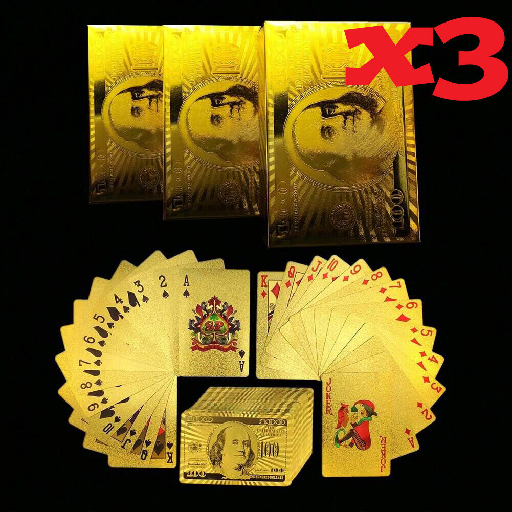 3 Decks Luxury 24K Gold Foil Poker Playing Cards Waterproof Plastic Set Gift