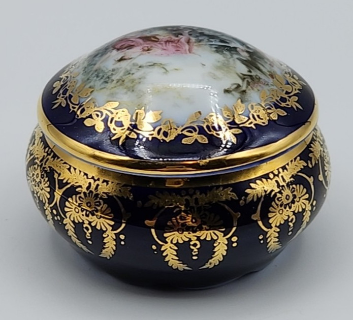 Limoges Cobalt Blue with Gold Accents Floral Lid Trinket Box  2 1/2\