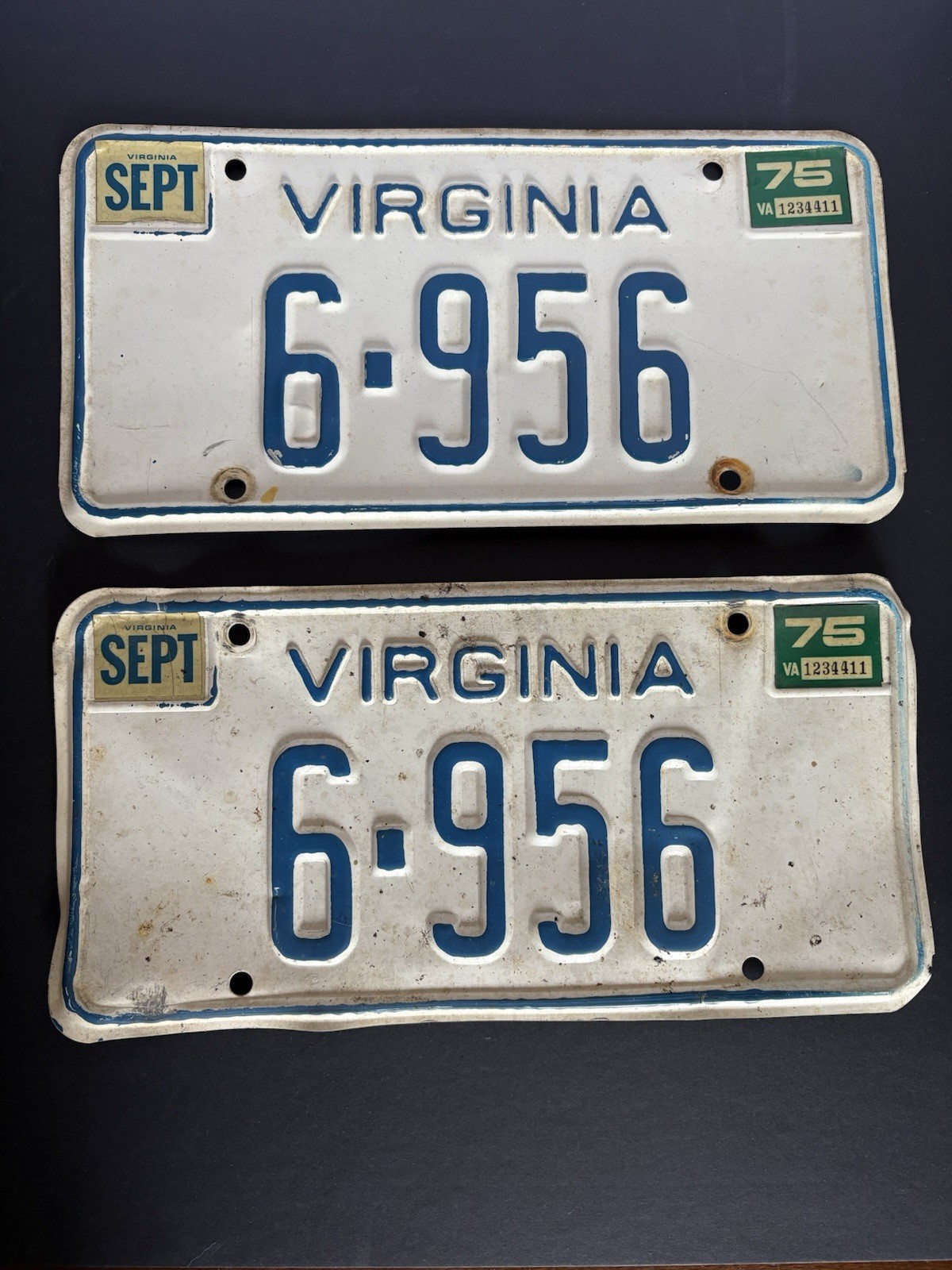 1975 Virginia License Plate Pair Matching Set Blue White SEPT 75 Vintage DMV Tag