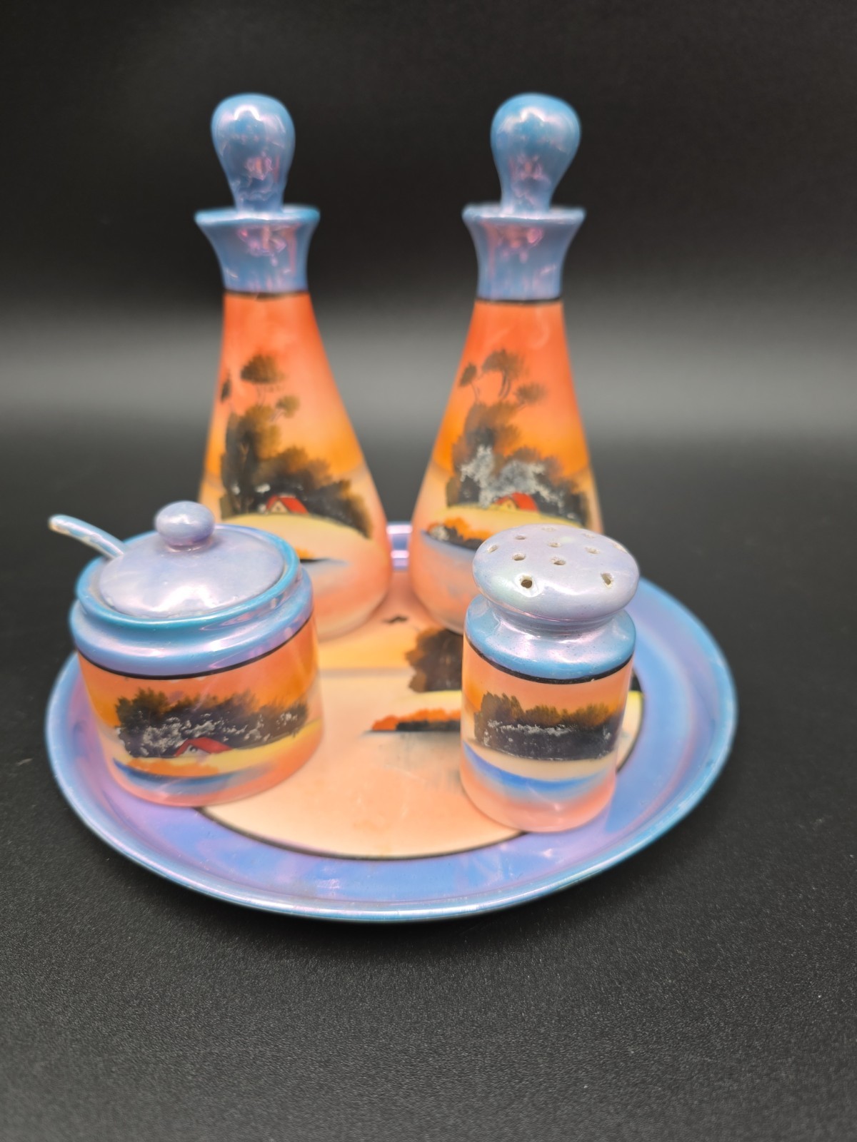 Vtg Japanese Porcelain 9 Pc Set Sugar Oil Vinegar Pepper Hand Painted Home 