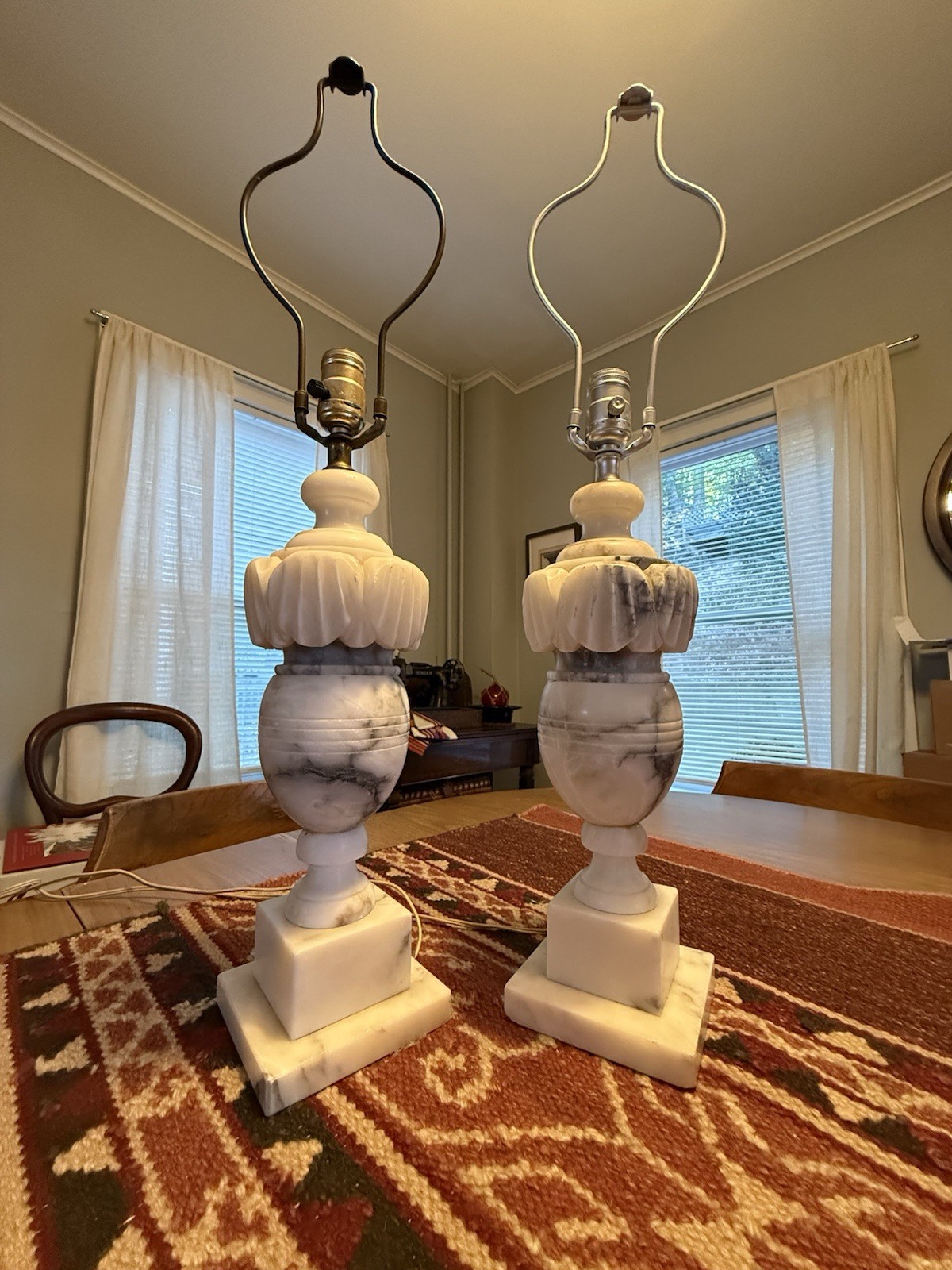 Pair of  Vintage Neoclassical Italian Style Carved Marble Alabaster Urn Lamps