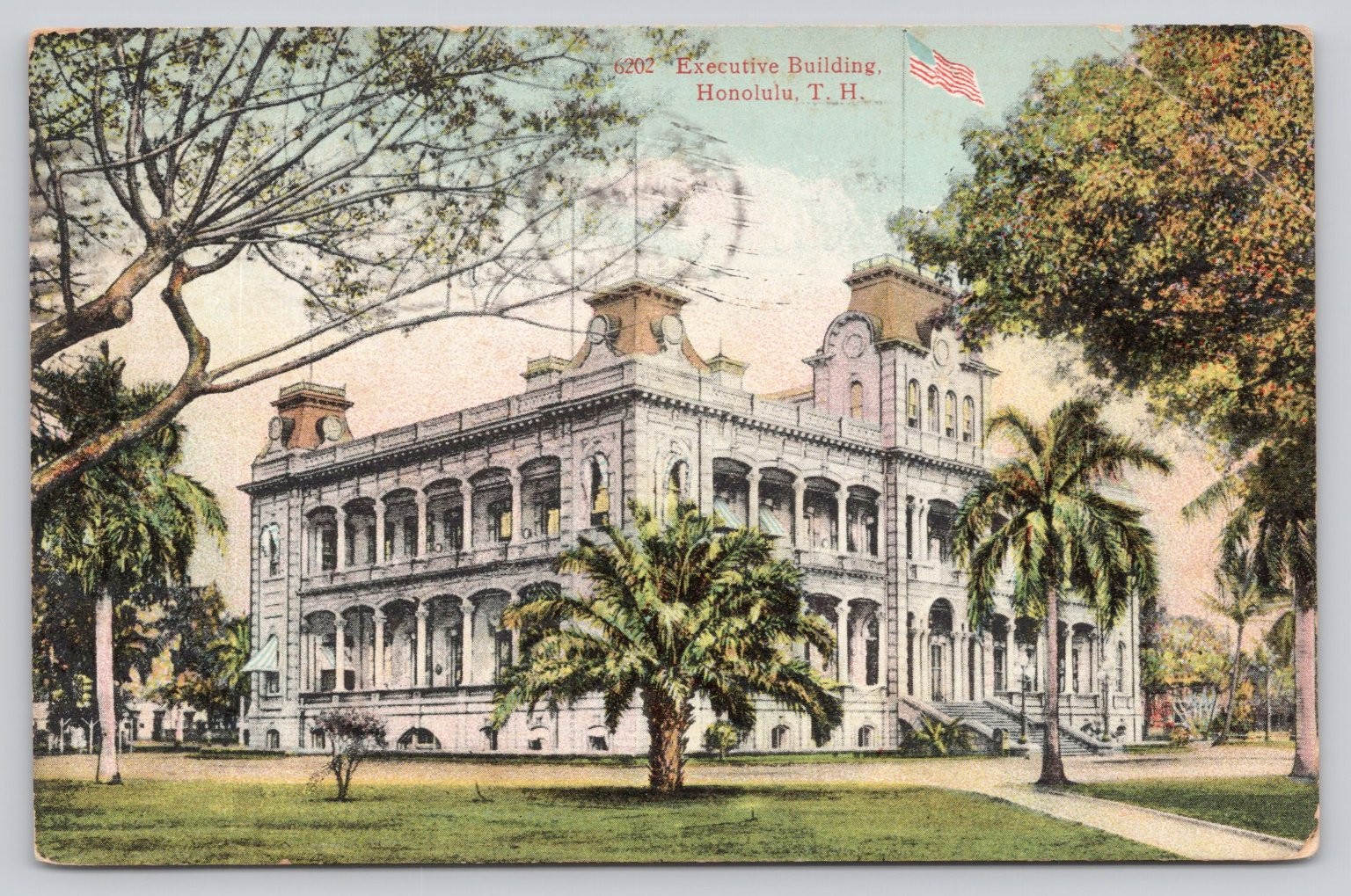 Honolulu Hawaii Executive Building 1911 Postcard Territory American Flag Palm