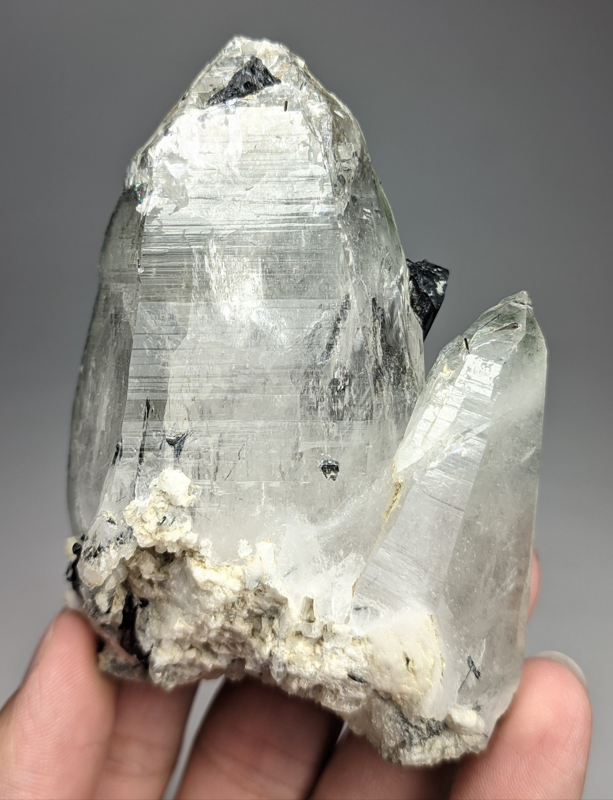 222-gm Transparent Lemurian Quartz Twin Crystals combine with Black Tourmaline