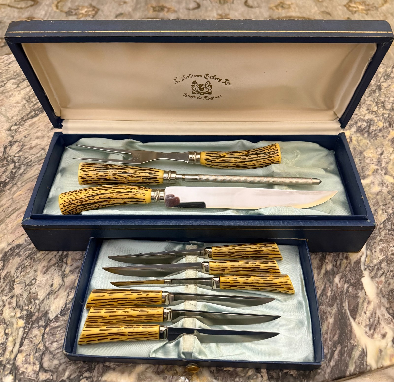 Vintage E.Parker & Sons Sheffield England Carving Knife Set Plus 6 Steak Knifes.