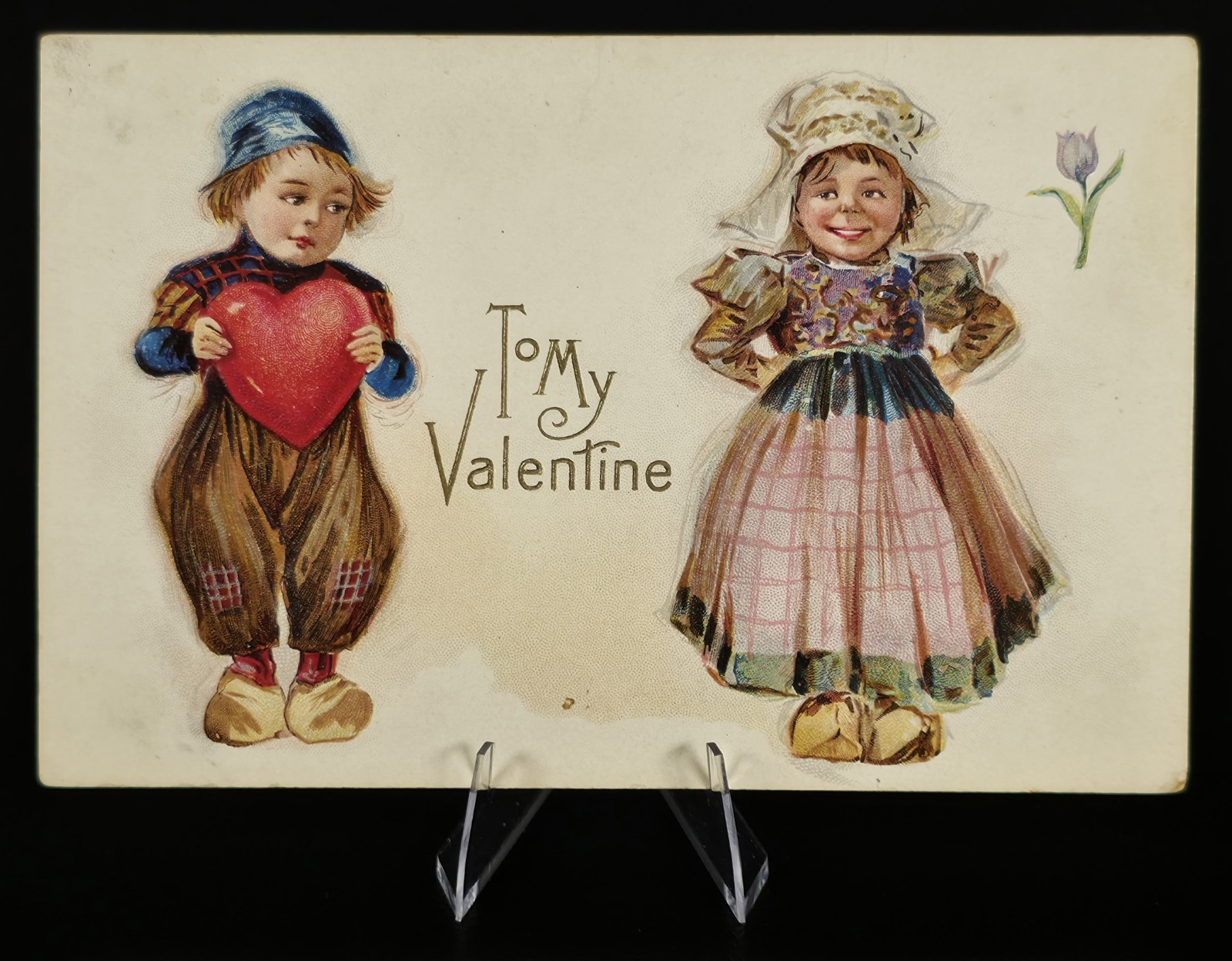 Antique Valentine Postcard Dutch Boy Girl Heart Nash Series Phelps NY Posted