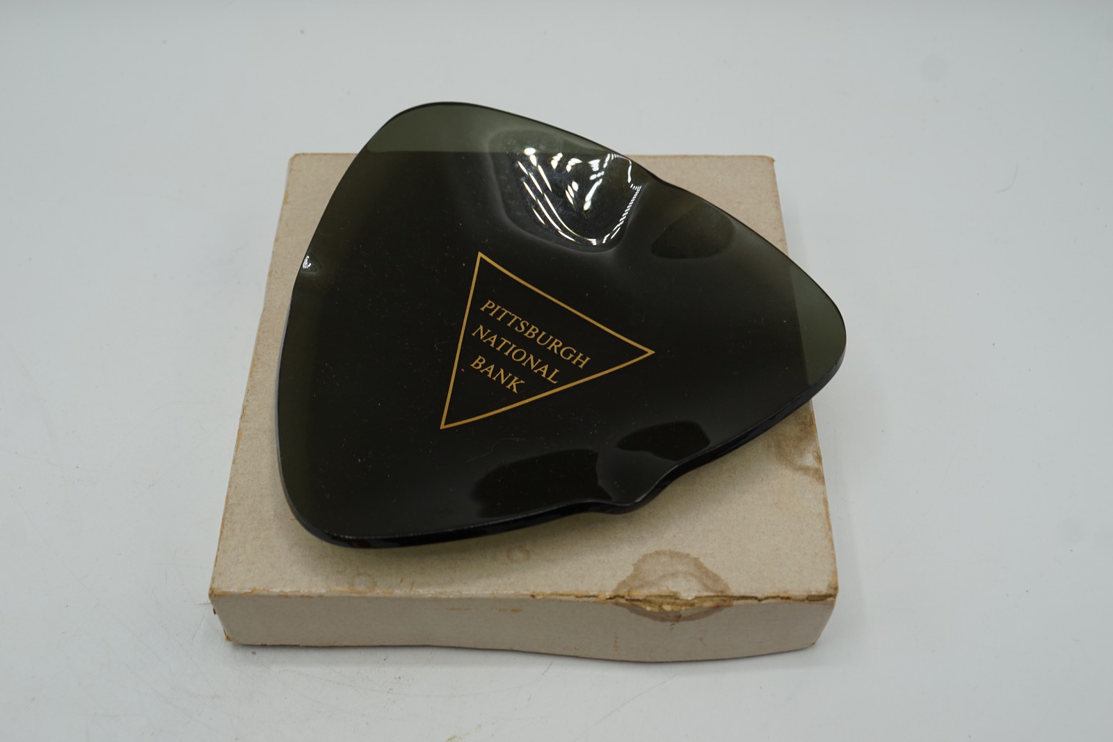 Vintage Pittsburgh National Bank Glass Ashtray Smoked Grey Triangle with Box
