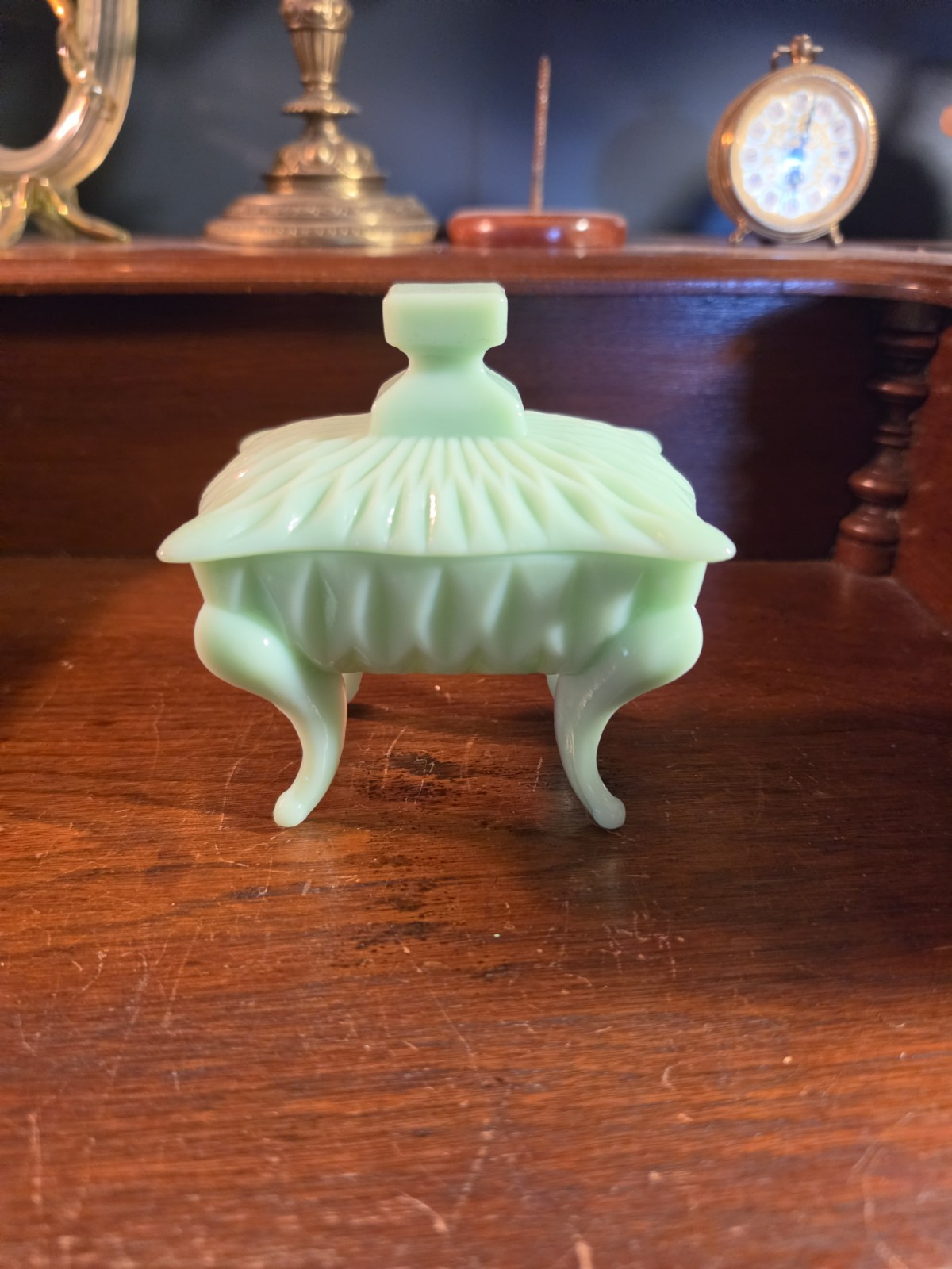 Vintage Jadeite Green Glass Covered Candy Dish Trinket Box Footed Scalloped Lid Vintage Jadeite Green Glass Covered Candy Dish Trinket Box Footed Scalloped Lid