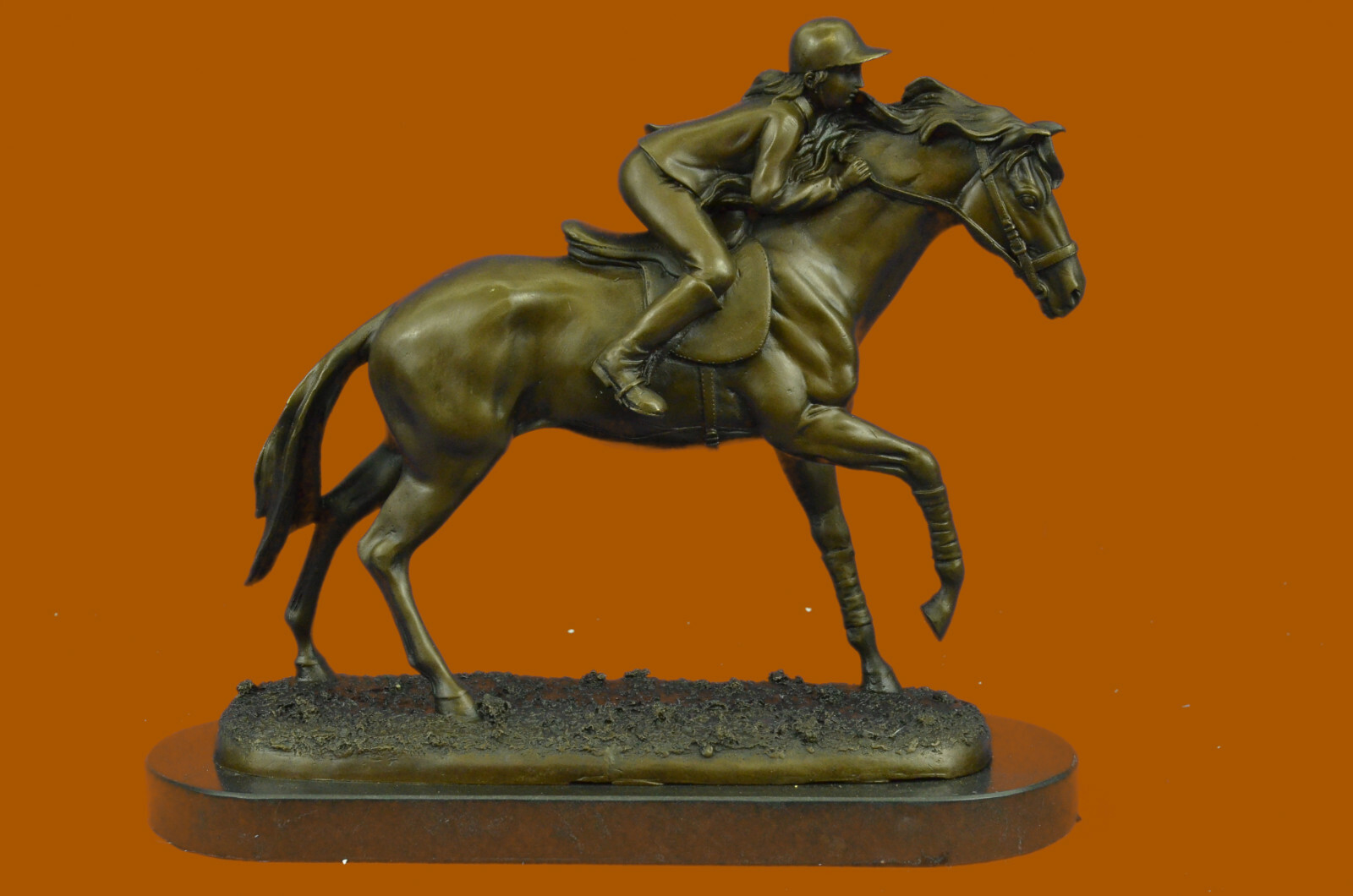 JOCKEY RIDING HORSE ORIGINAL BRONZE STATUE FIGURE FIGURIN MARBLE BASE SCULPTURE