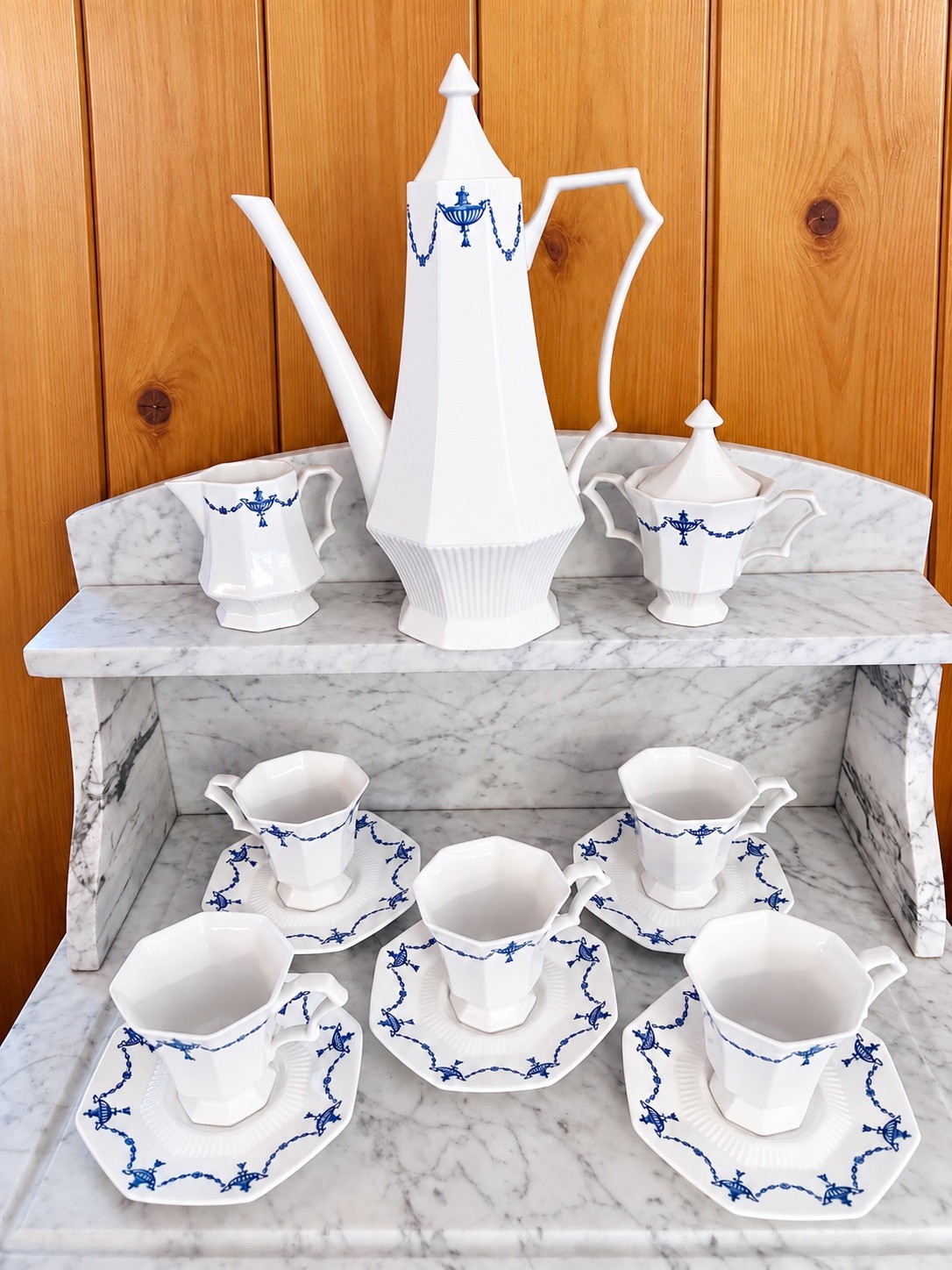 Vintage Castleton Independence Ironstone Blue White 13-Piece Coffee Set Japan