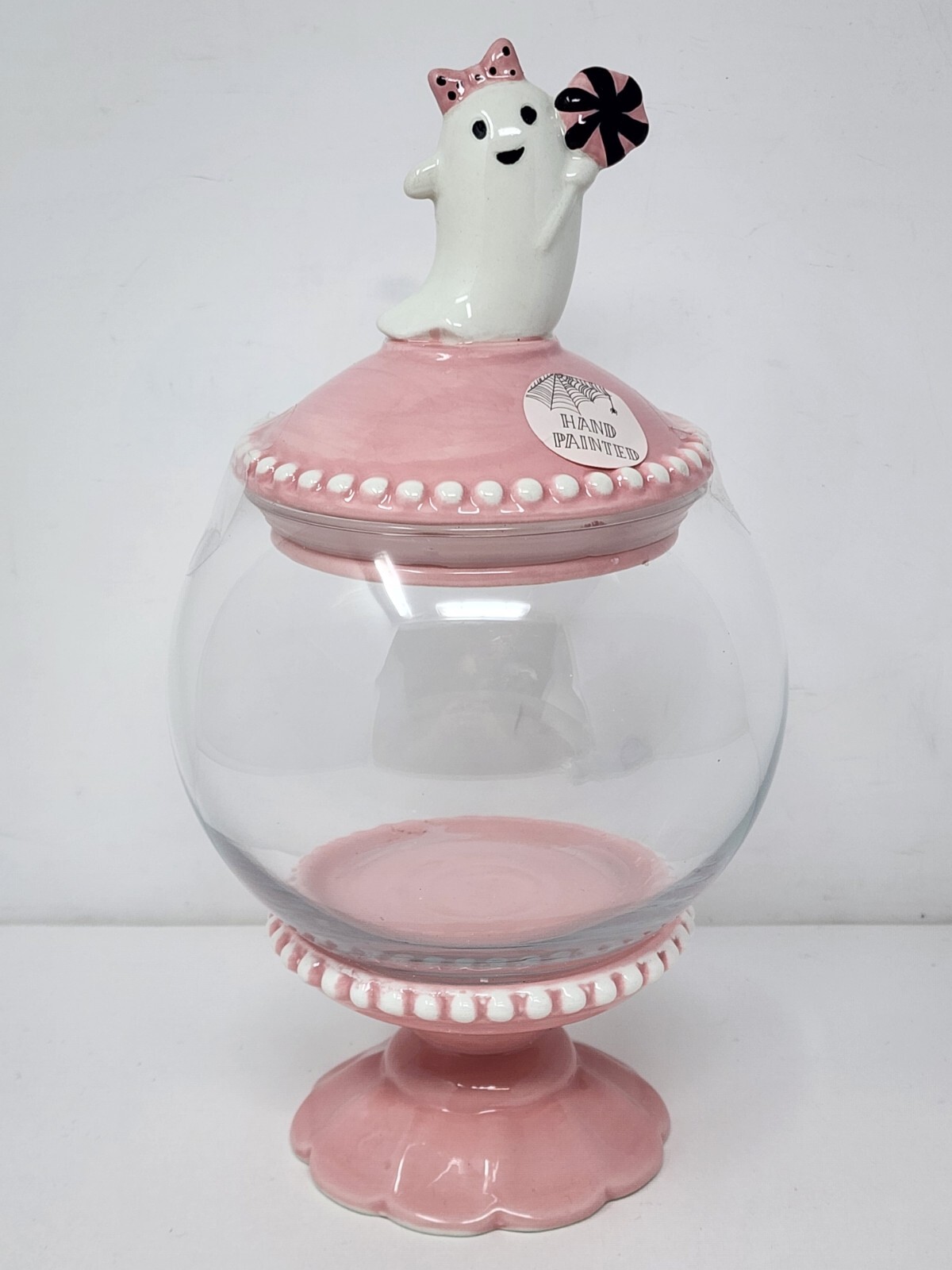 Cobwebs and Cauldrons Pink Ghost Halloween Glass & Ceramic Jar On Pedestal New Cobwebs and Cauldrons Pink Ghost Halloween Glass & Ceramic Jar On Pedestal New