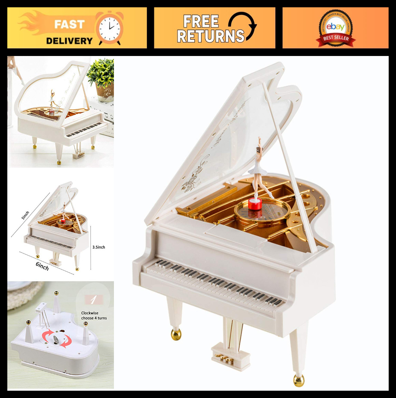 Hvogvok Ballerina Music Box，Piano Music Box for Women Girls White Valentine's Da