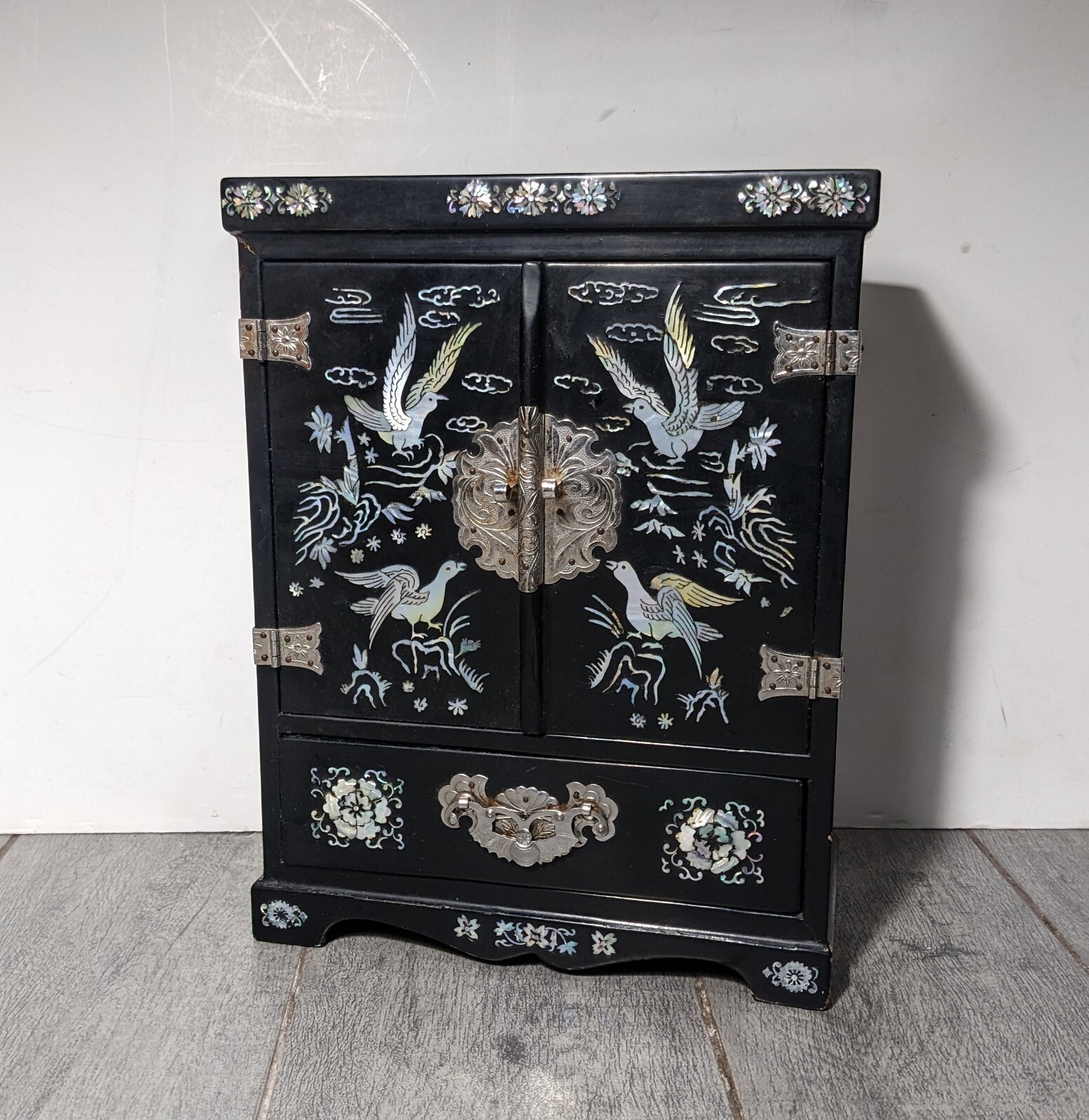 Vintage Asian Oriental Black Lacquer Mother of Pearl Jewelry Box Chest Cabinet