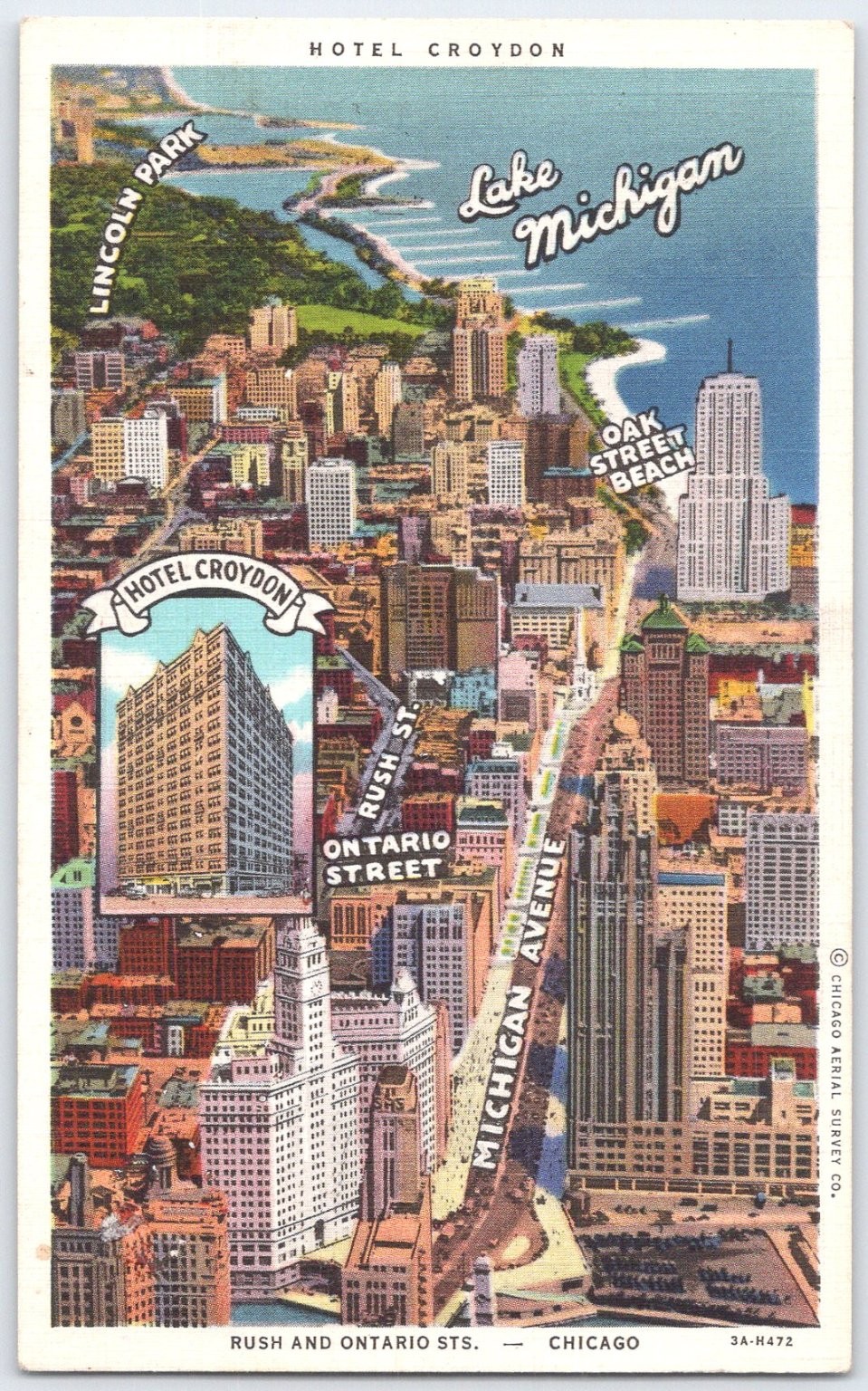 Vintage Hotel Croydon Chicago Postcard Lake Michigan Rush & Ontario St