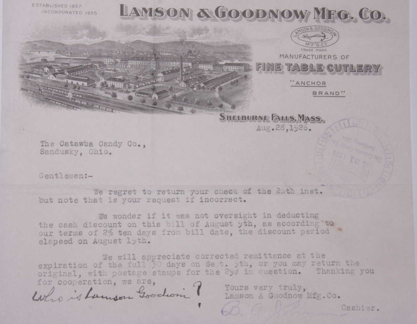 1926 Lamson Goodnow Catawba Candy Co Sandusky OH Ephemera L918A 1926 Lamson Goodnow Catawba Candy Co Sandusky OH Ephemera L918A