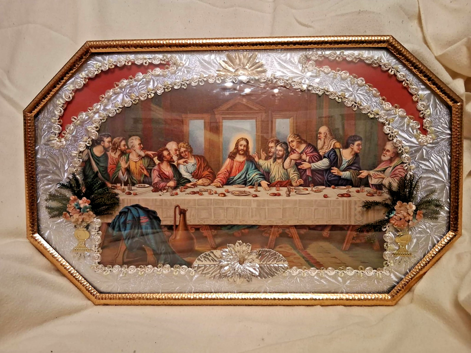 Vintage The Last Supper~Jesus Foil Diorama Convex Bubble Glass 18\