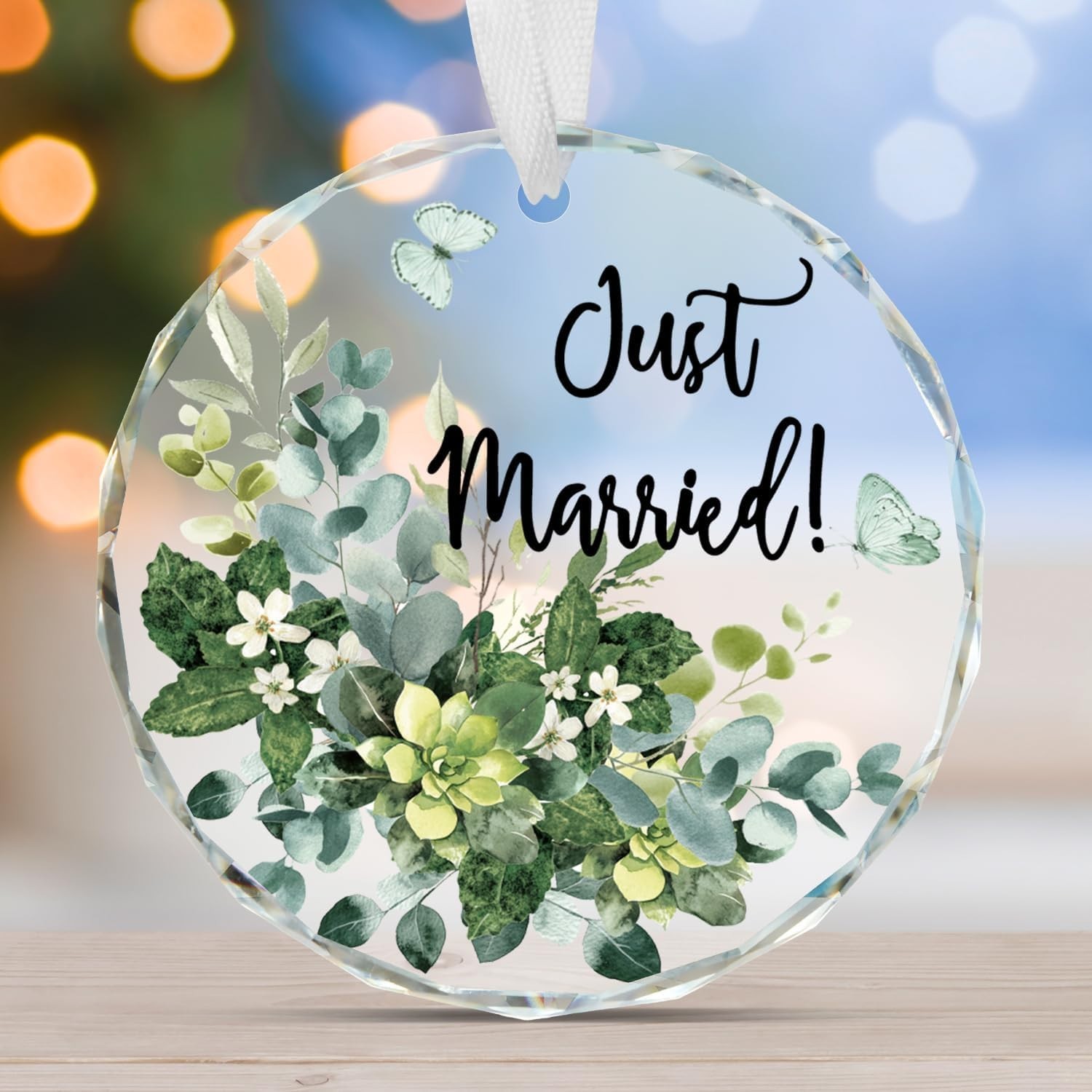 Just Married Round Glass Ornament - Eucalyptus - Elegant Keepsake for Newlyweds