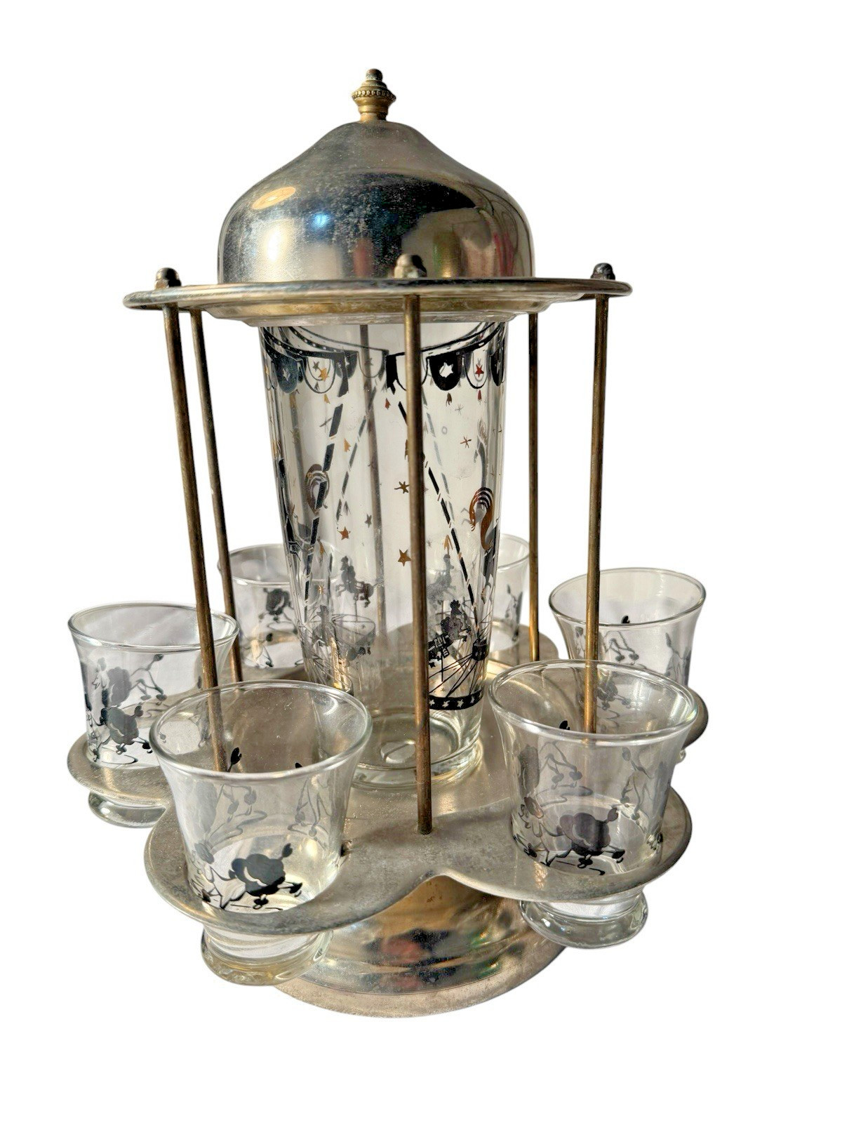 1950's Hazel Atlas MCM Carousel Revolving Cocktail Bar Set Chrome Poodles Horses
