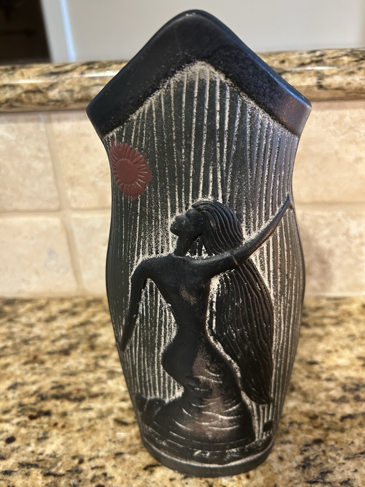 Vtg Black Figural Vase Dancing Woman Raised relief Textured Stripe Ceramic 10” Vtg Black Figural Vase Dancing Woman Raised relief Textured Stripe Ceramic 10”