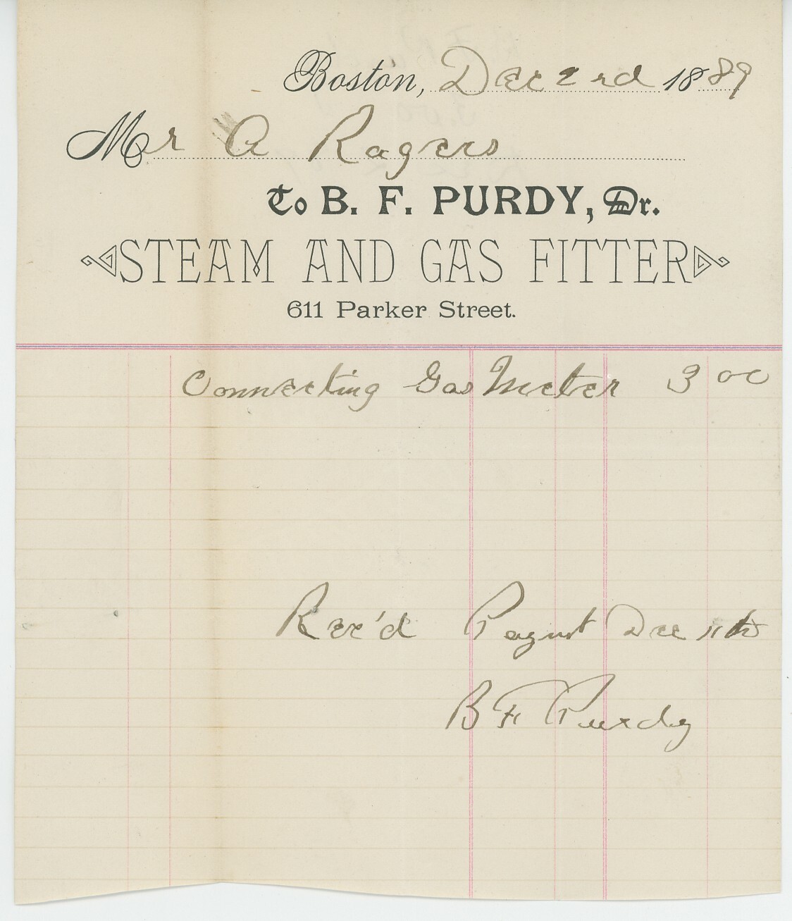 1889 B. F. Purdy Billhead Boston Massachusetts Steam & Gas Fitter Plumbing 1889 B. F. Purdy Billhead Boston Massachusetts Steam & Gas Fitter Plumbing