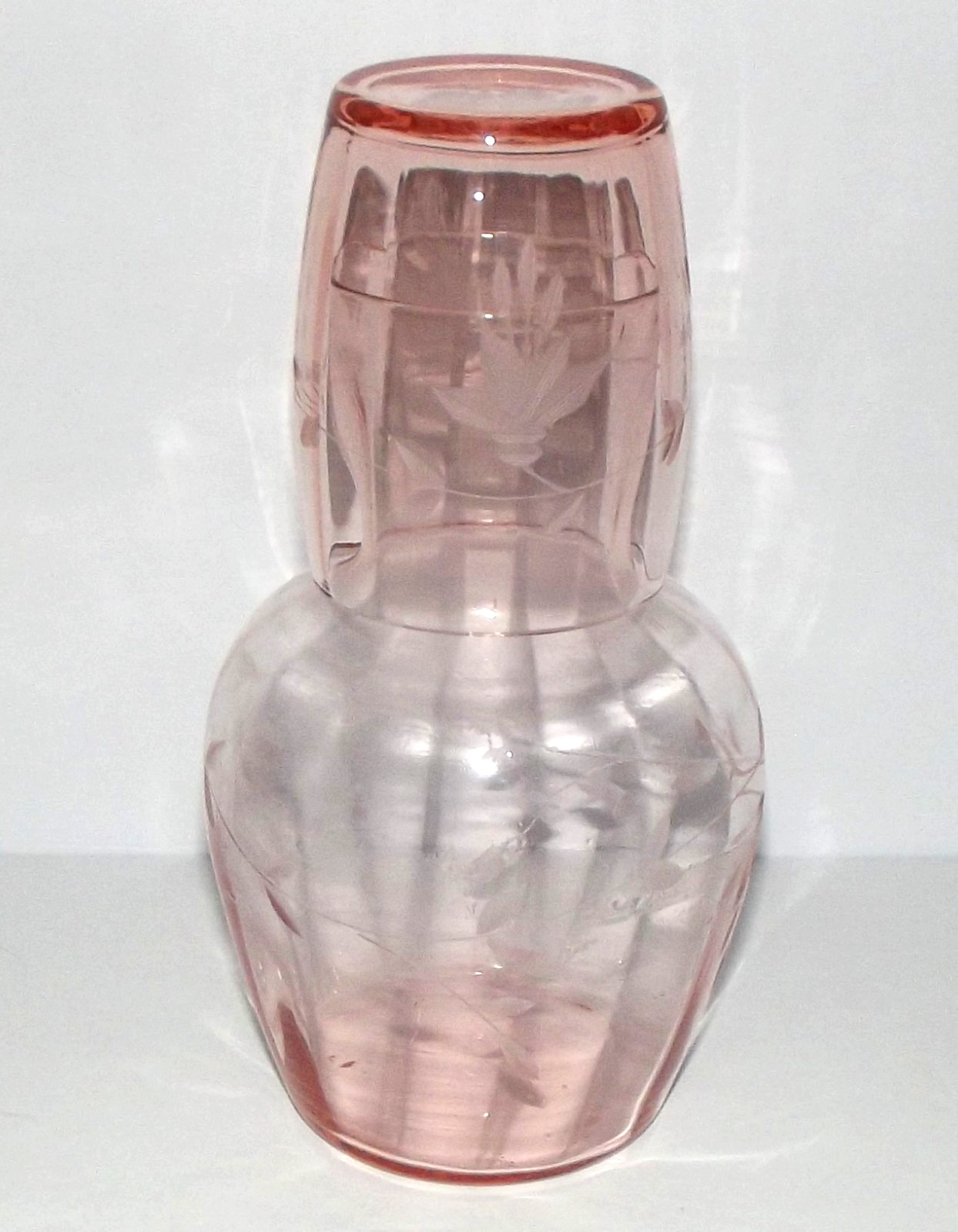 Vintage 1930's Pink Depression Floral Panel Etched Glass Tumble-Up Carafe
