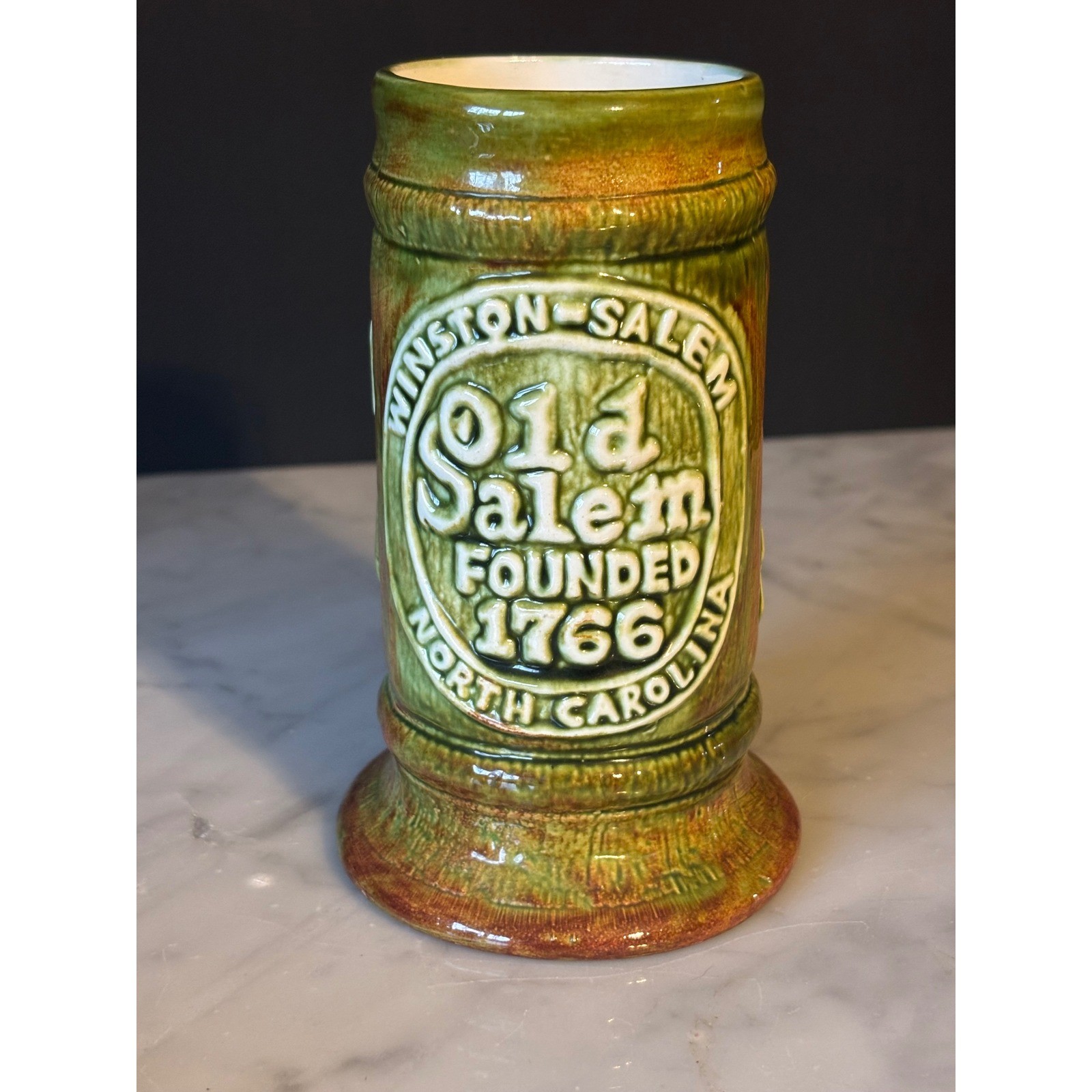 Vintage 1969 Garren Old Salem North Carolina Ceramic Beer Stein Mug Green Brown