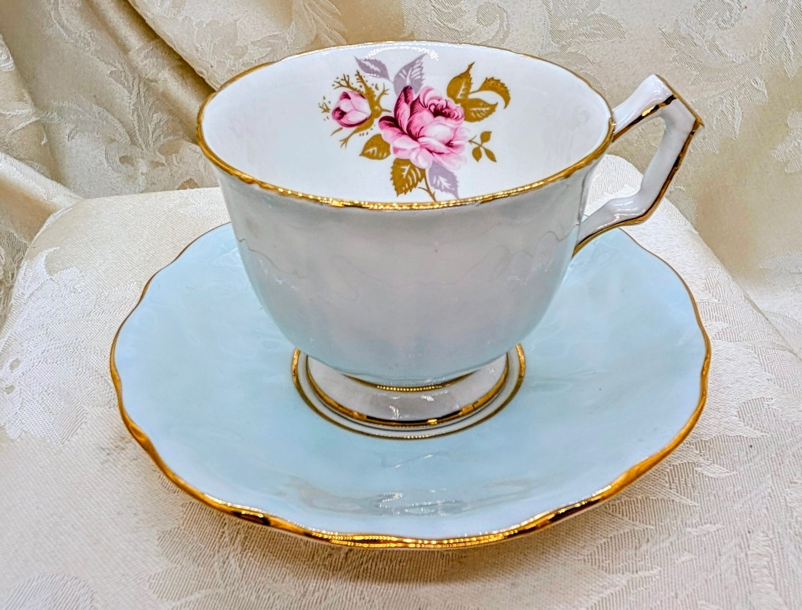 Vintage Aynsley Crocus Teacup Saucer Pink Cabbage Rose Pale Blue Gold England