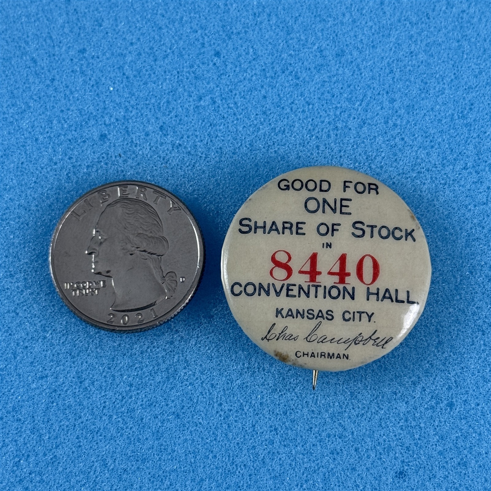 RARE 1897 Kansas City Missouri Convention Hall One Share Of Stock Button #58932 RARE 1897 Kansas City Missouri Convention Hall One Share Of Stock Button #58932
