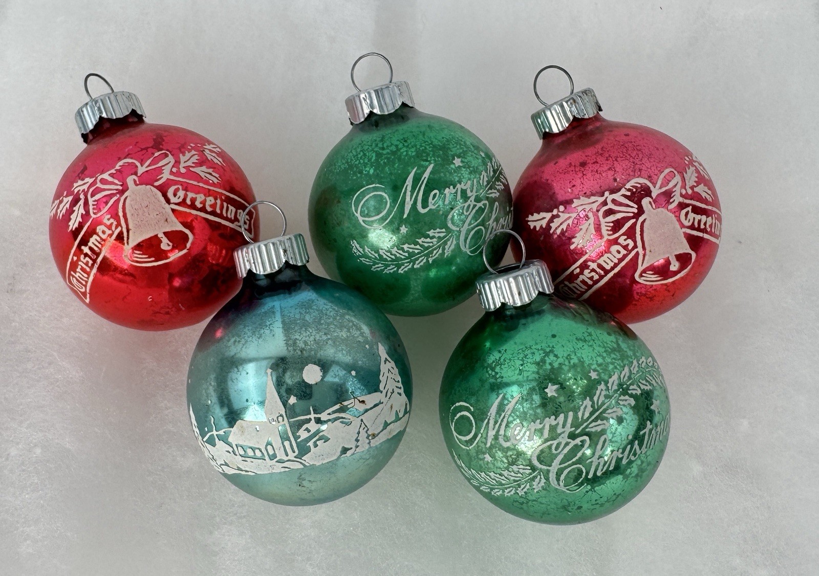 Shiny Brite 1.5” Stenciled Church Bells Christmas Ornaments Lot 5 USA Vintage