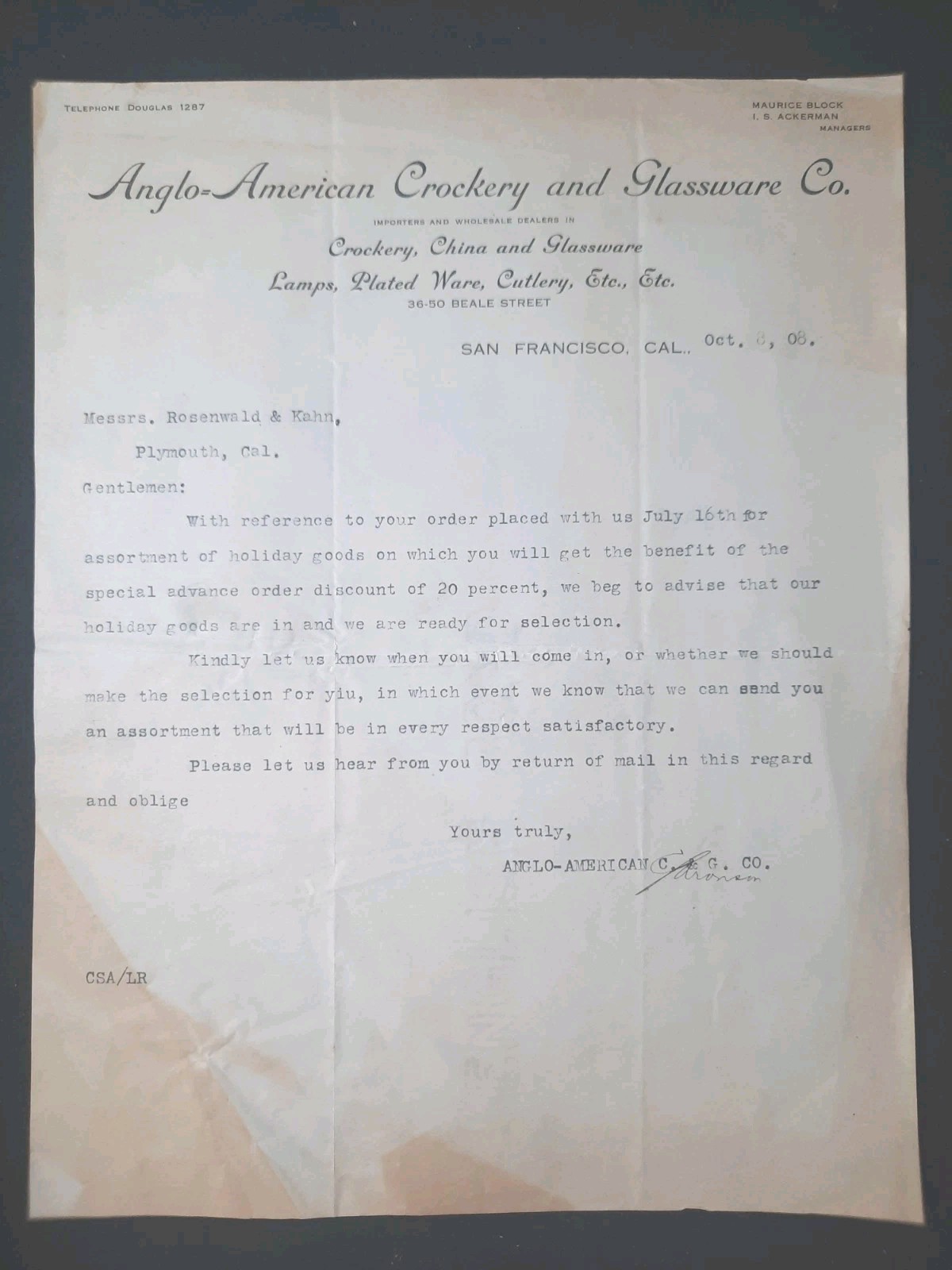  1908 San Francisco Anglo-American Crockery Co Letterhead Plymouth CA Merchants