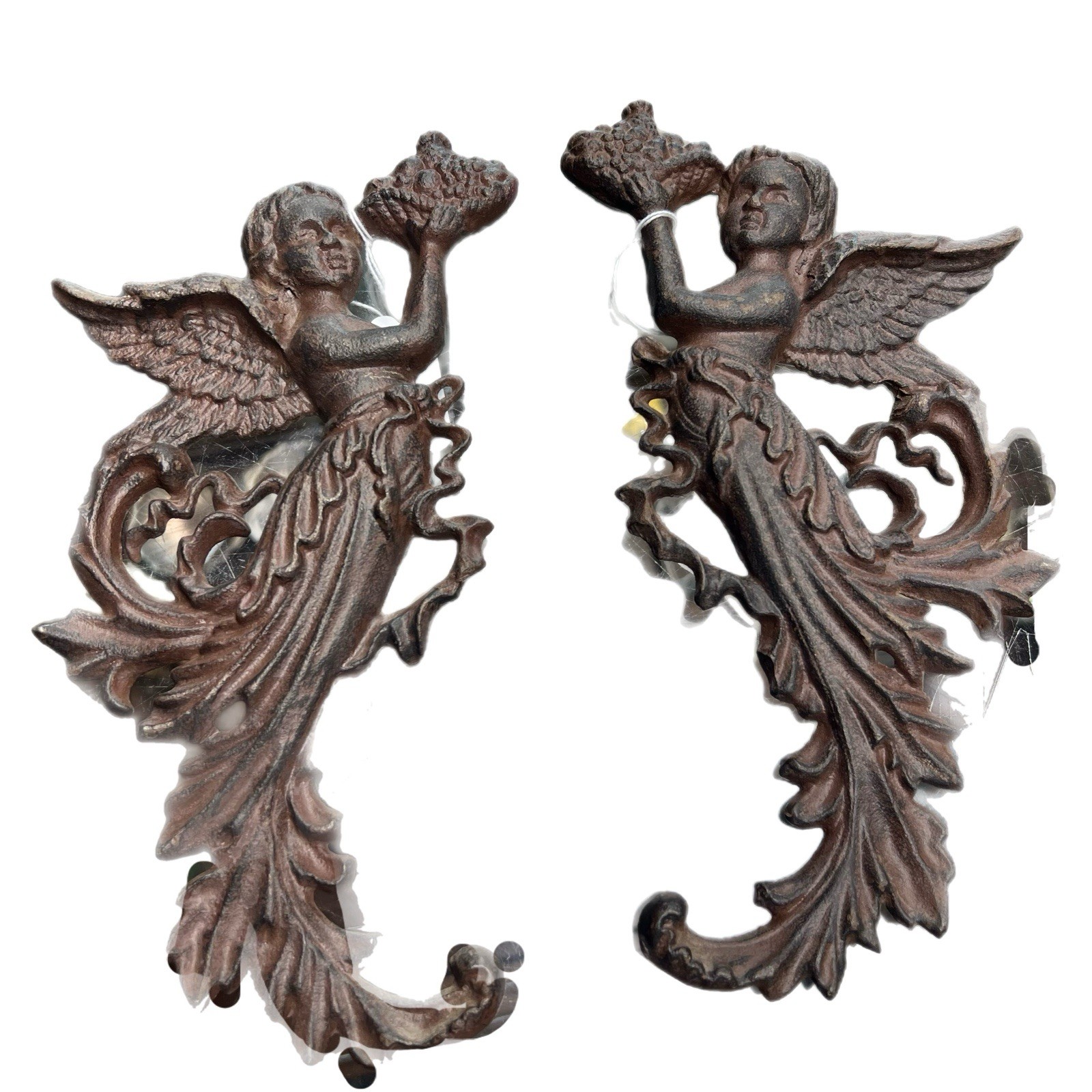 Vintage Antique Pair of 2 Cast Iron Angel Wall Mount Hanging Baroque Decor 10
