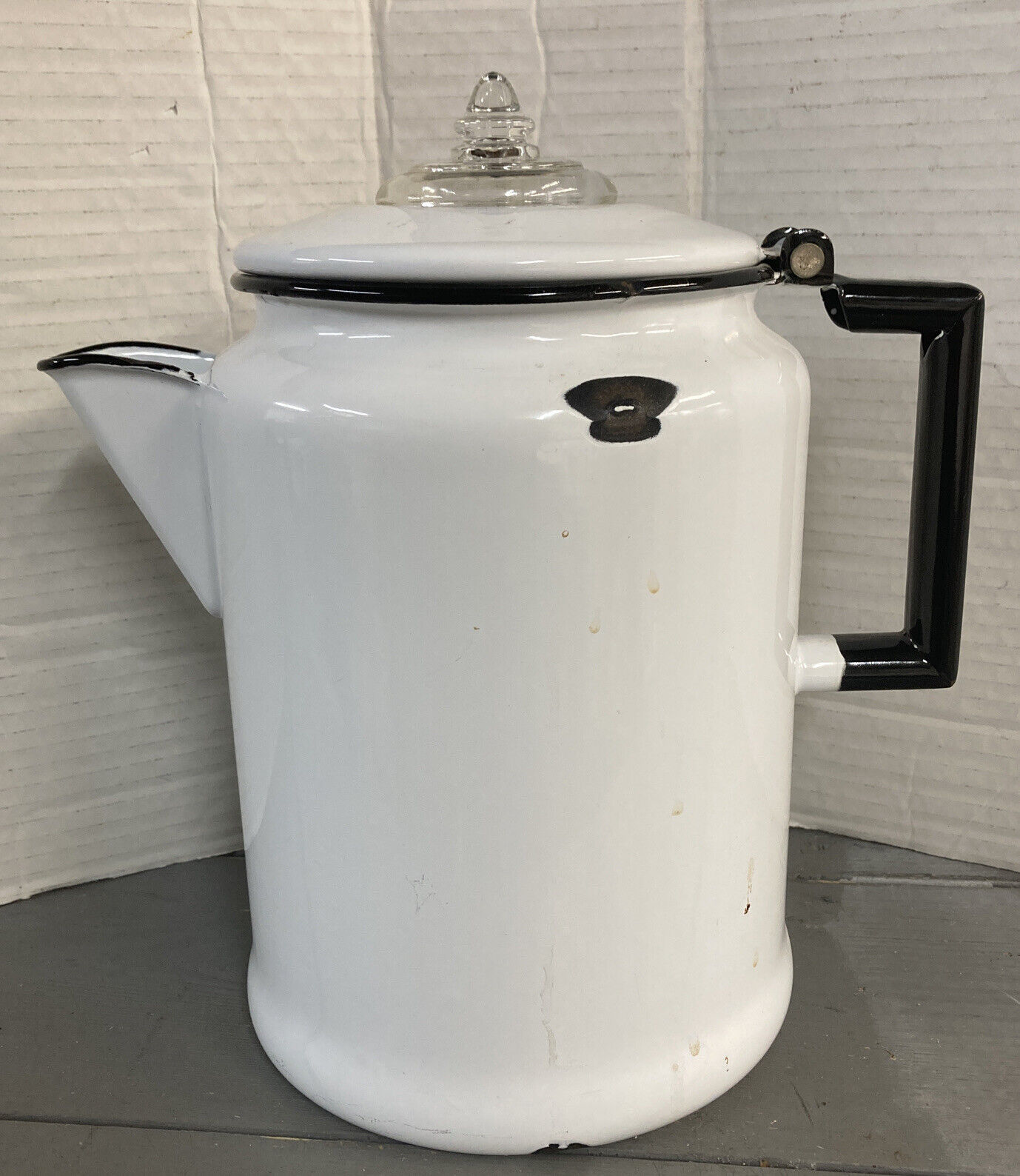 Vintage Metal Enamel Cowboy Coffee Pot Percolator White Black Trim