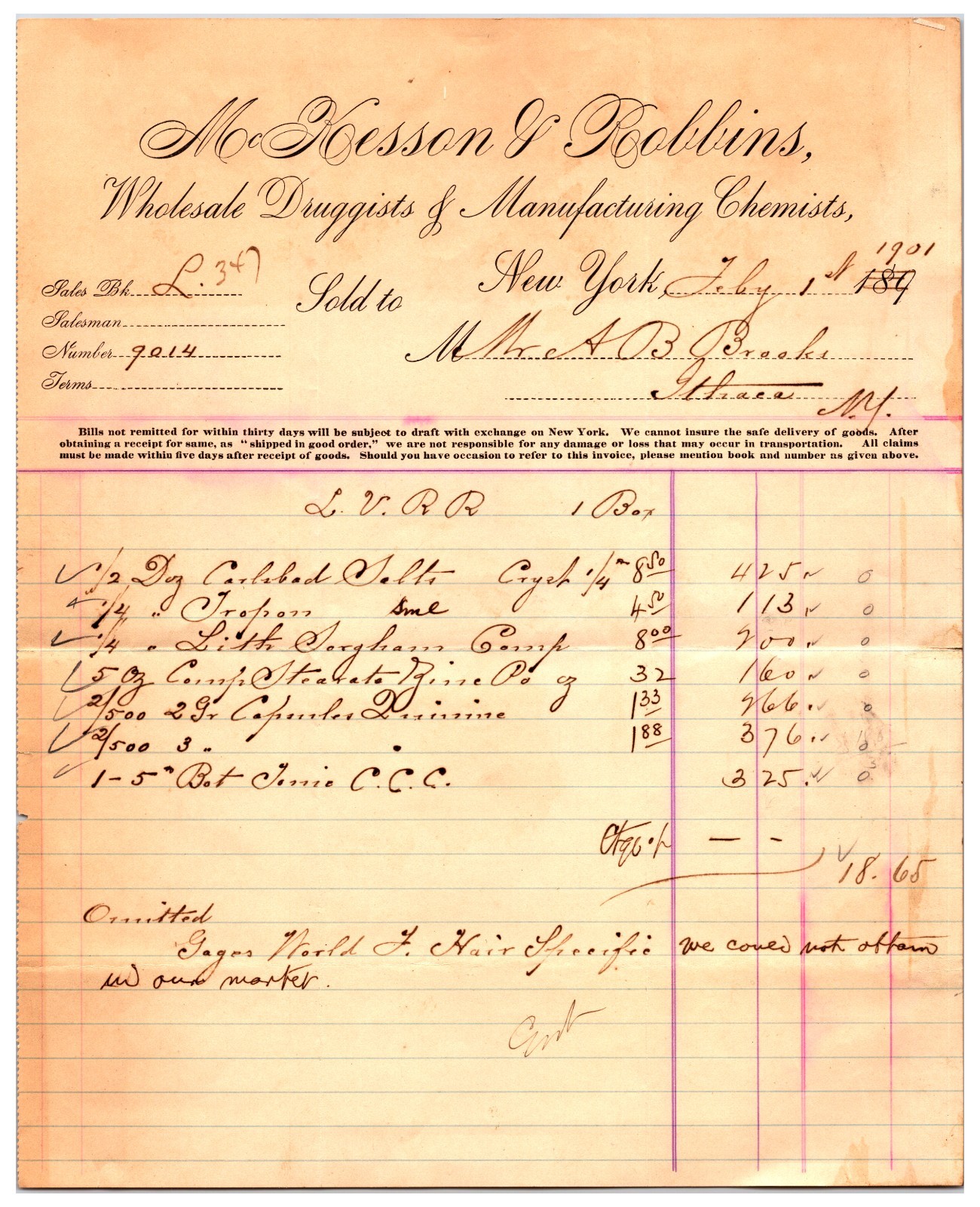 Original 1901 McKesson Druggists / Chemists Receipt Paper (Dated New York 1901) Original 1901 McKesson Druggists / Chemists Receipt Paper (Dated New York 1901)
