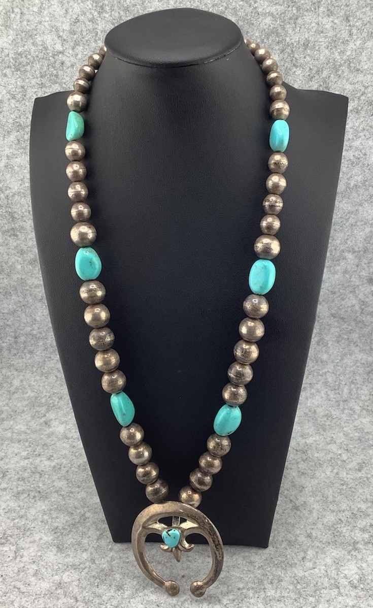 14”Native American Turquoise Squash Blossom Sterling Silver Necklace 111.94g✨