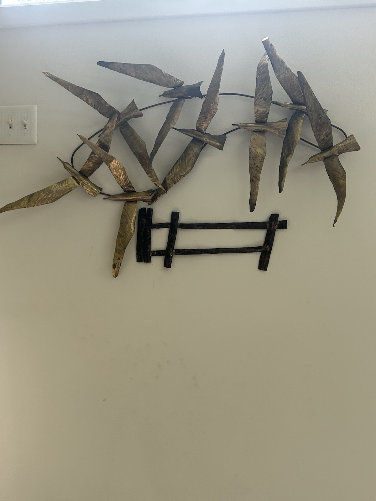 Brass Bird Wall Sculpture With Fence, Made In Lahaska, Pa. Peddlars village Brass Bird Wall Sculpture With Fence, Made In Lahaska, Pa. Peddlars village