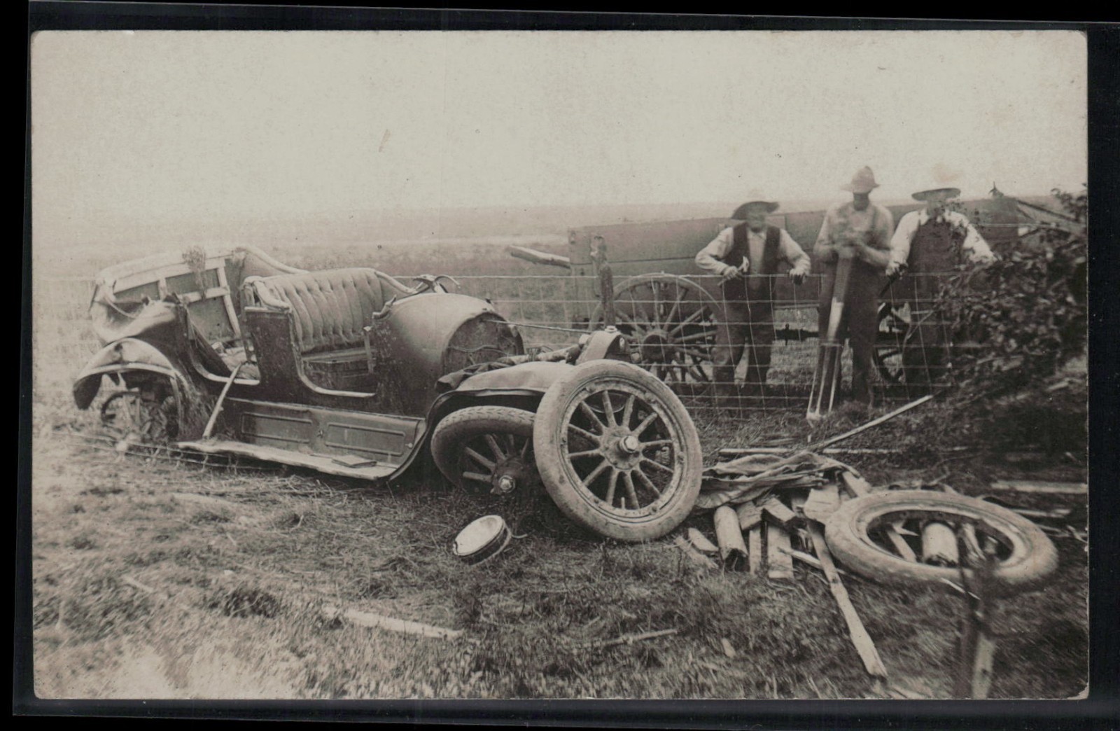RPPC Postcard Farmers Looking Over Wrecked Destroyed Car c1910