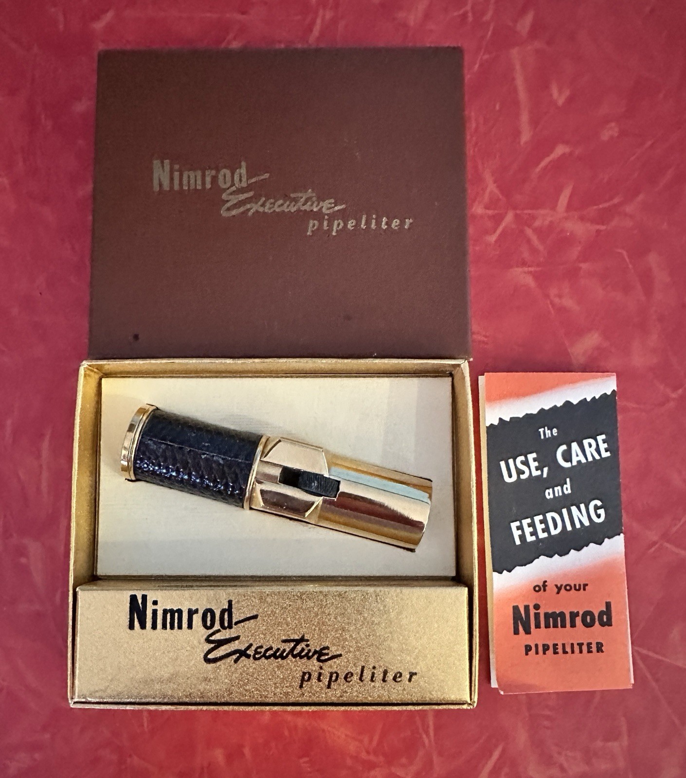 Vintage NOS 1940's Nimrod Executive Brass & Faux Alligator Pipe Lighter In Box